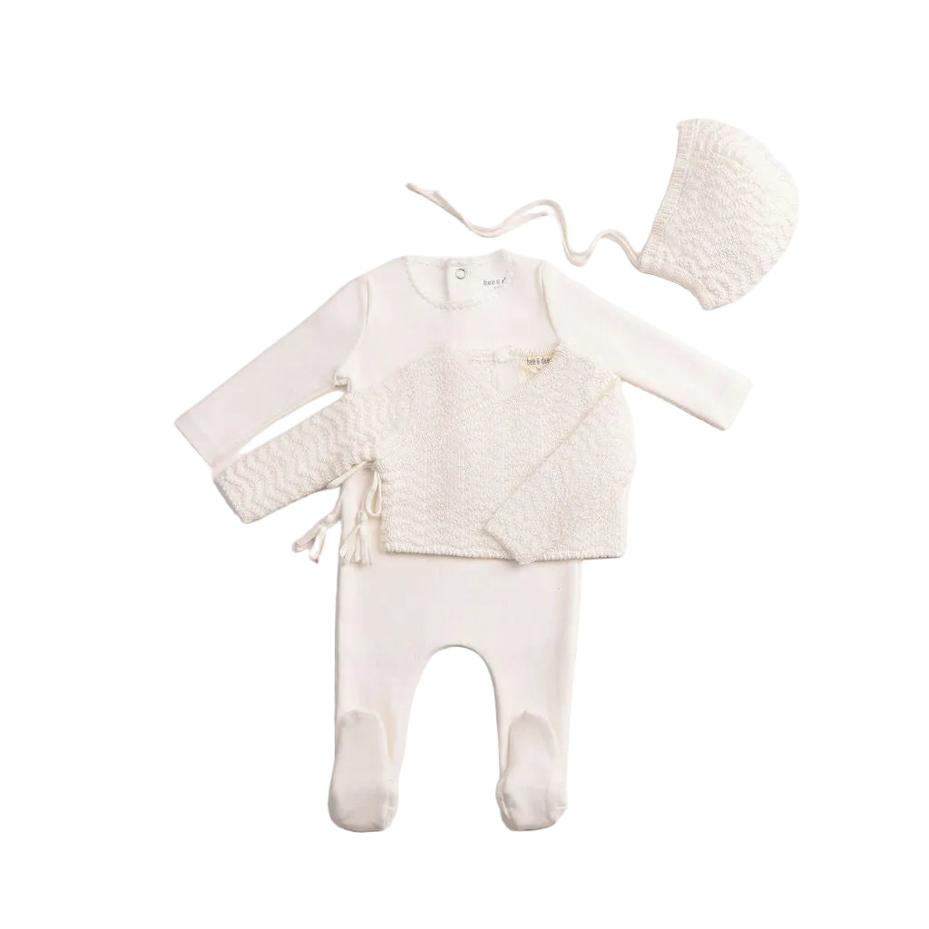 Bee & Dee Herringbone white cardigan footie set - Flying Colors