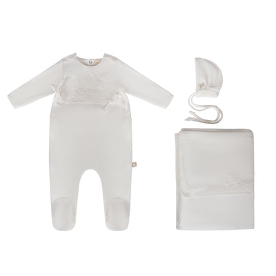 Warm white appliqued bib set by Citrine