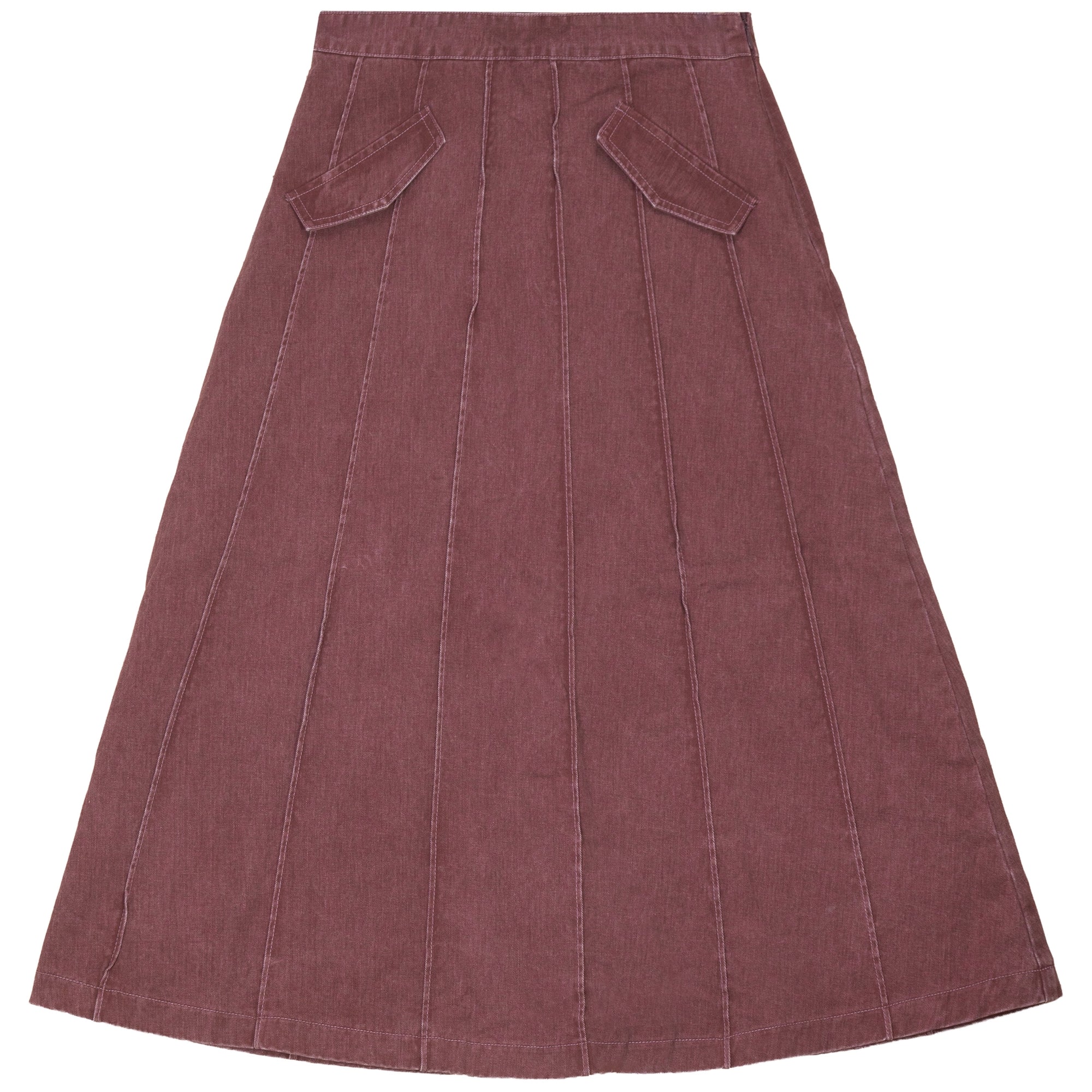 Kix Panel burgundy denim midi skirt