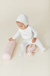 Bebe pink stitch footie + bonnet by Kipp Baby