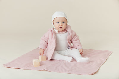 Gingham pink ruffle collar footie + bonnet by Kipp Baby
