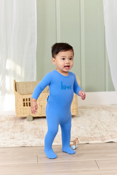 Love blue footie by Kipp Baby