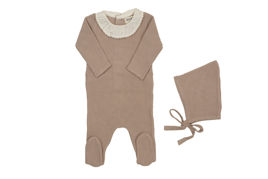 Dot accent knit taupe footie + bonnet by Bee & Dee