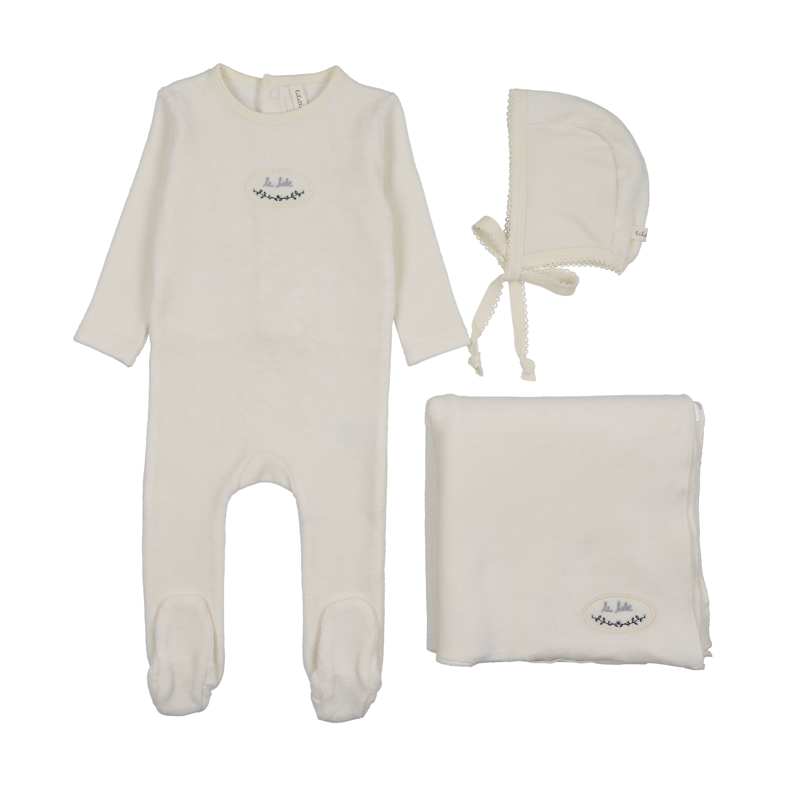 Lilette Velour patch cream/blue layette set - Flying Colors
