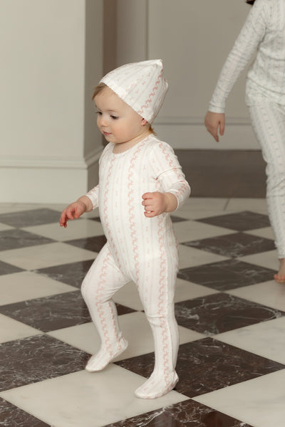 Linear nostalgia pink footie + beanie by Bee & Dee