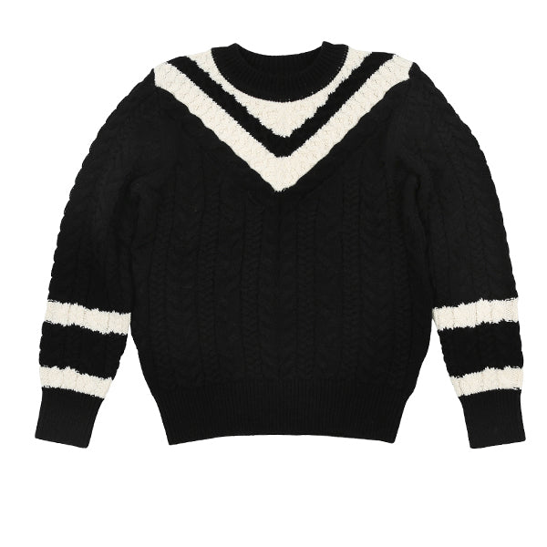 Cable Knit Black V-Neck Sweater by Motu