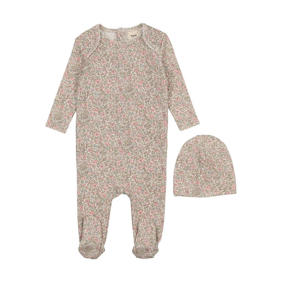 Mema Knits Floral Bud Footie + Bonnet - Printed Blue Mema Knits Floral Bud Footie + Bonnet - Printed Blue