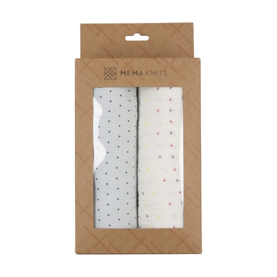 Bebe print blue swaddle set by Mema Knits