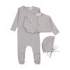 Light blue pointelle footie & cardigan + beanie by Mema Knits