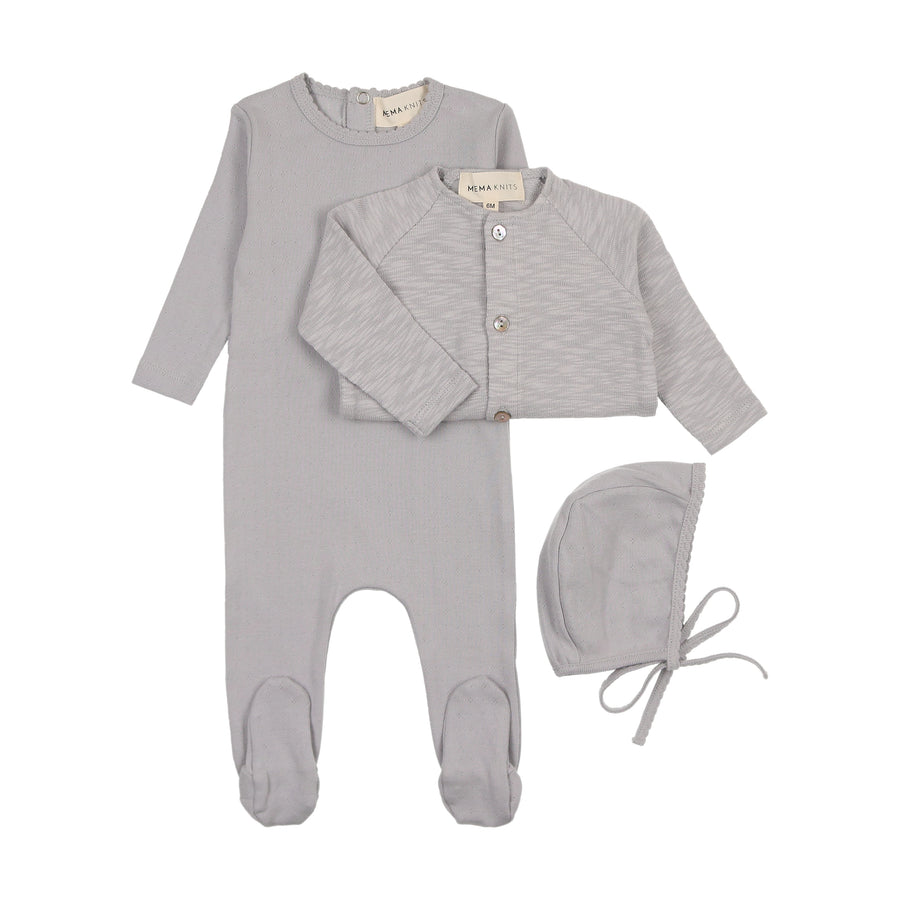 Light blue pointelle footie & cardigan + beanie by Mema Knits