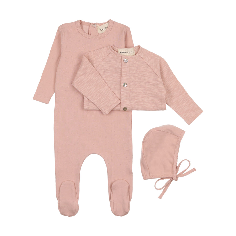 Mema Knits Pointelle Heart Footie + Beanie - Pale Pink