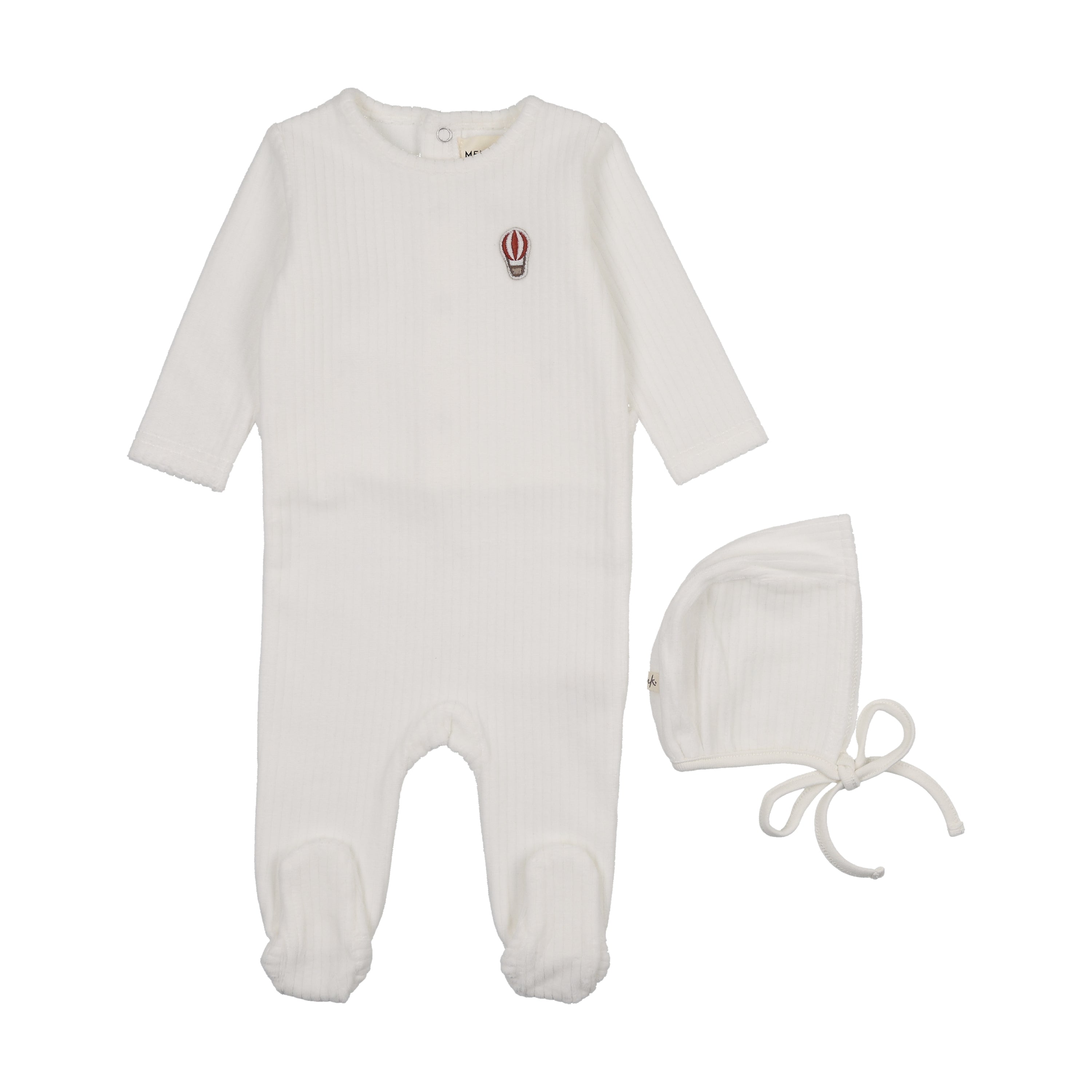 Mema Knits Balloon embroidered velour footie + bonnet