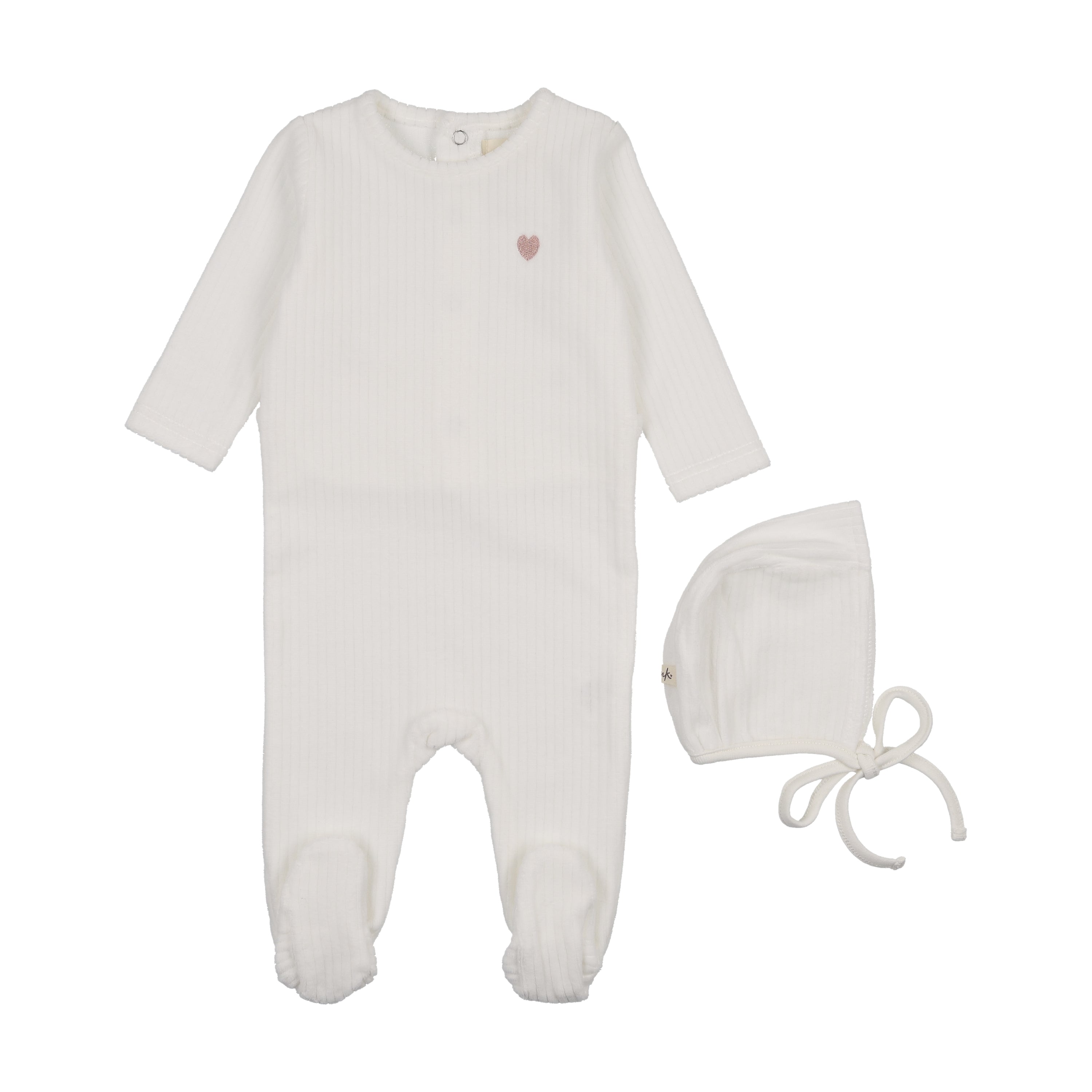 Mema Knits Heart embroidered velour footie + bonnet