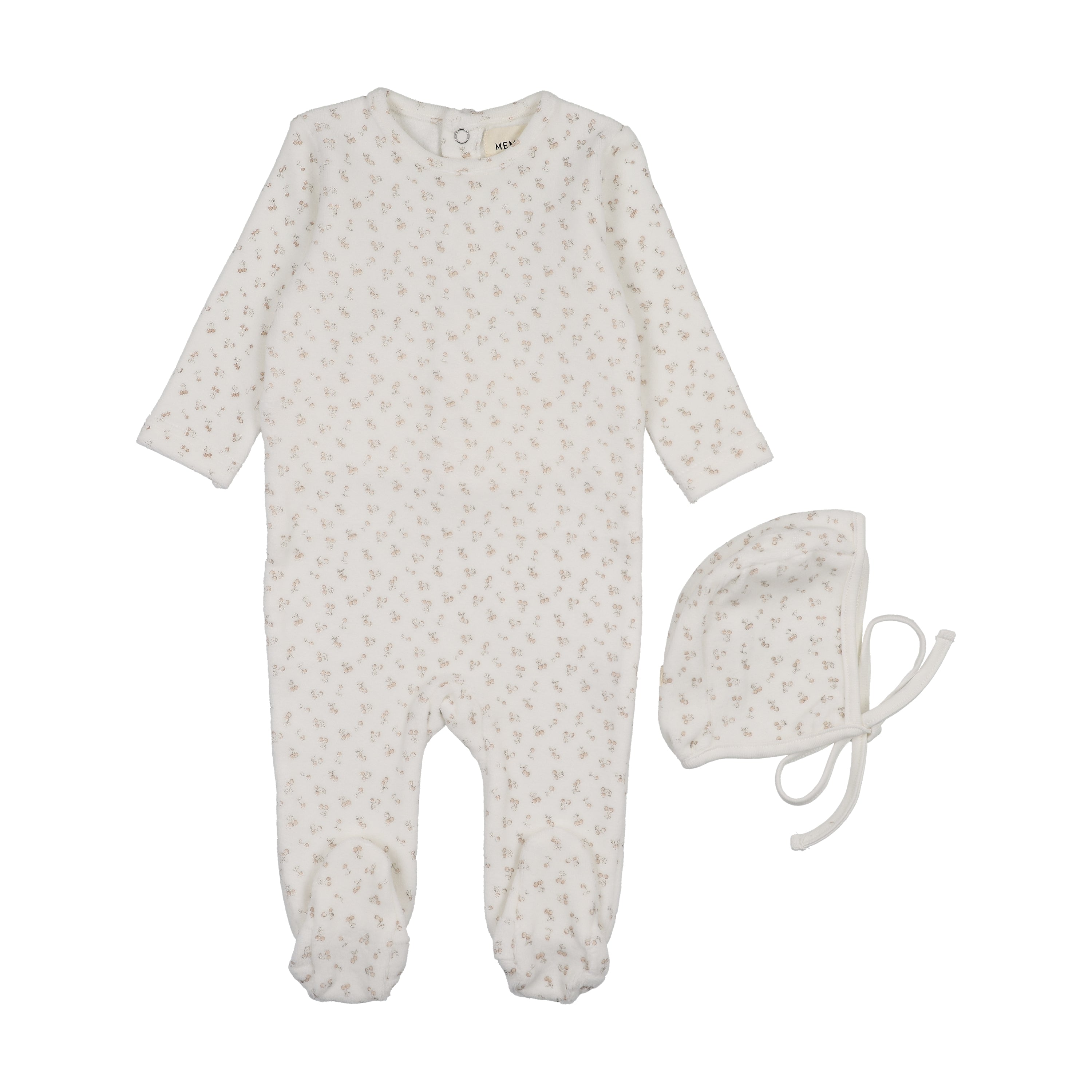 Mema Knits Velour pink cherries footie + bonnet