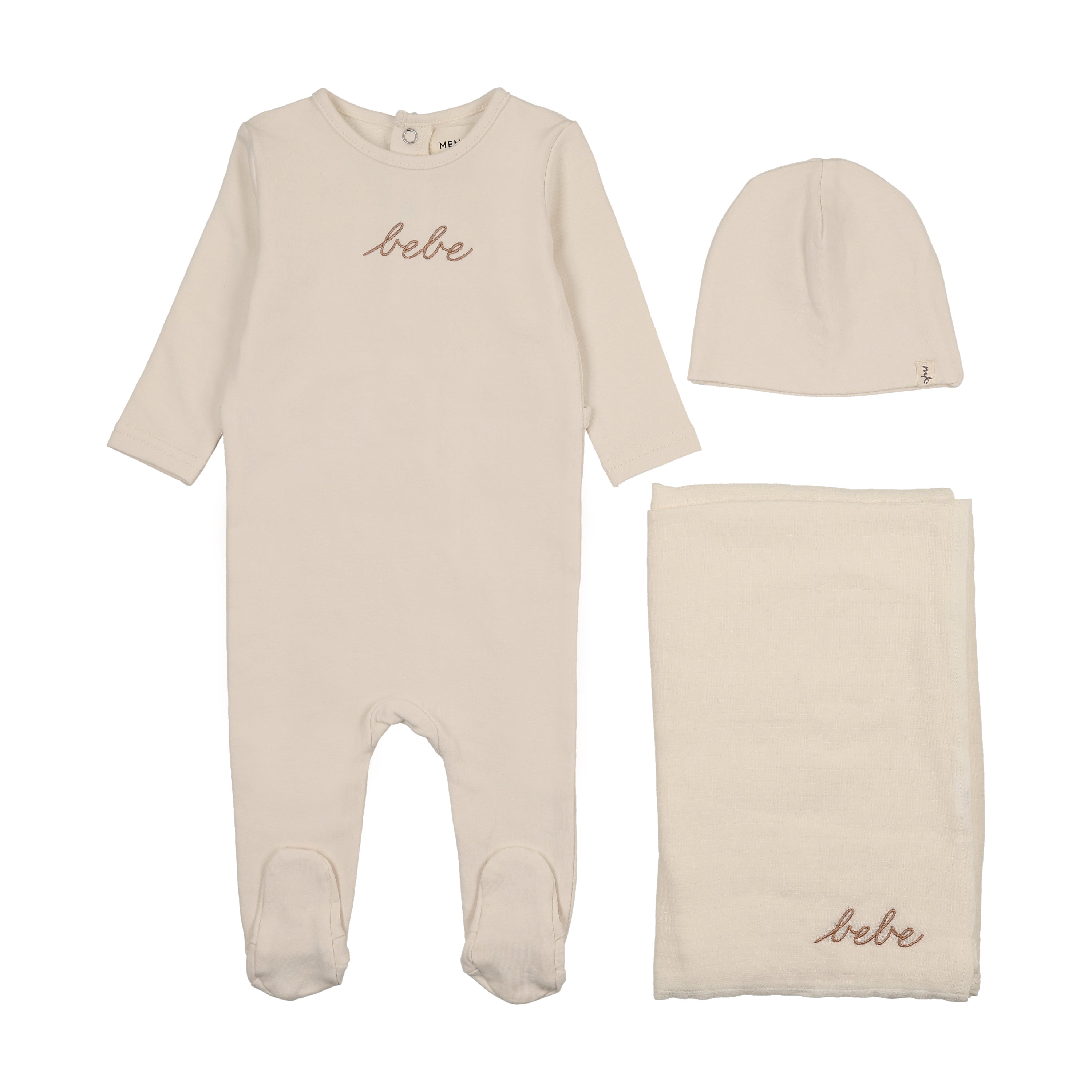 Mema Knits Embroidered taupe bebe 3 piece set
