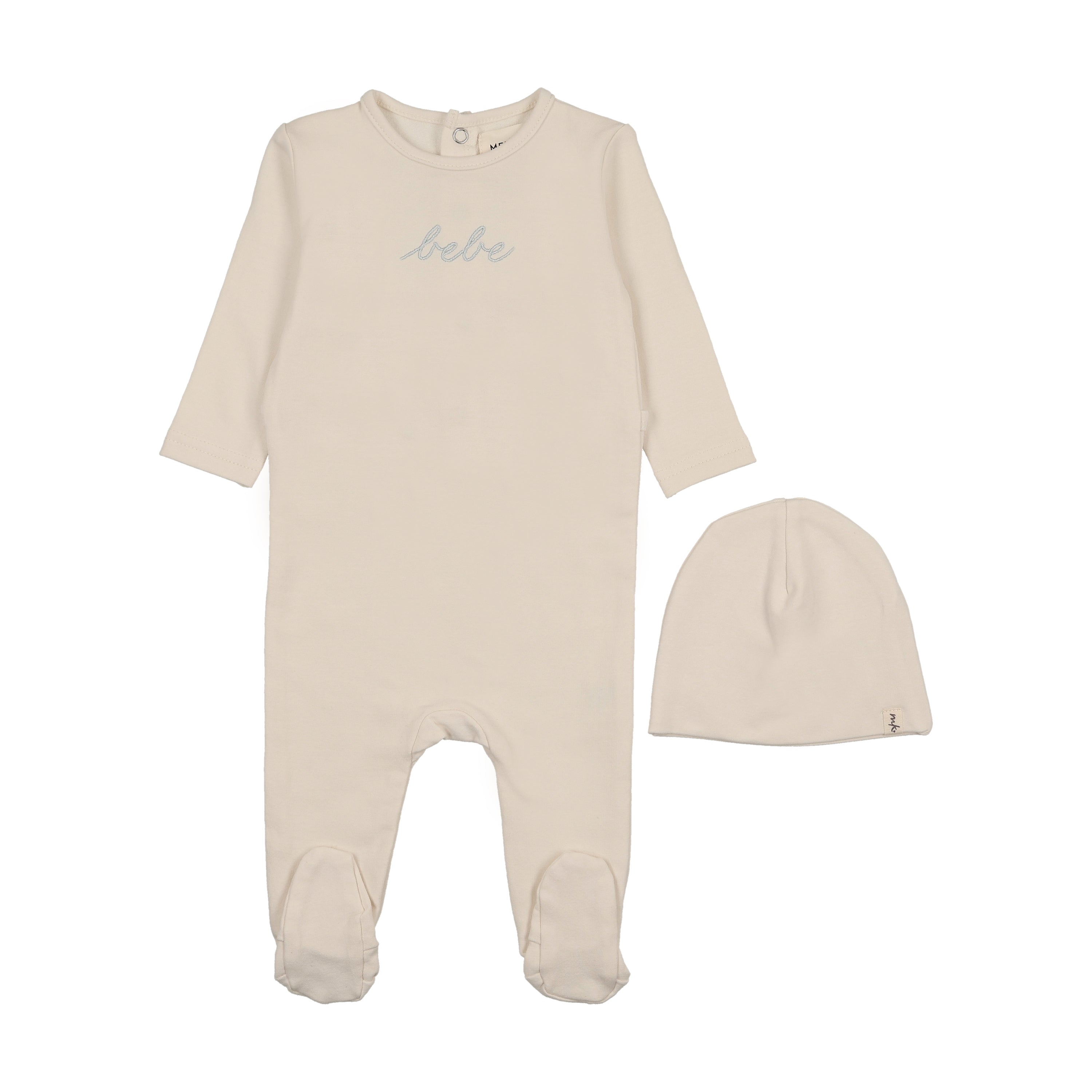 Mema Knits Embroidered blue bebe footie + beanie