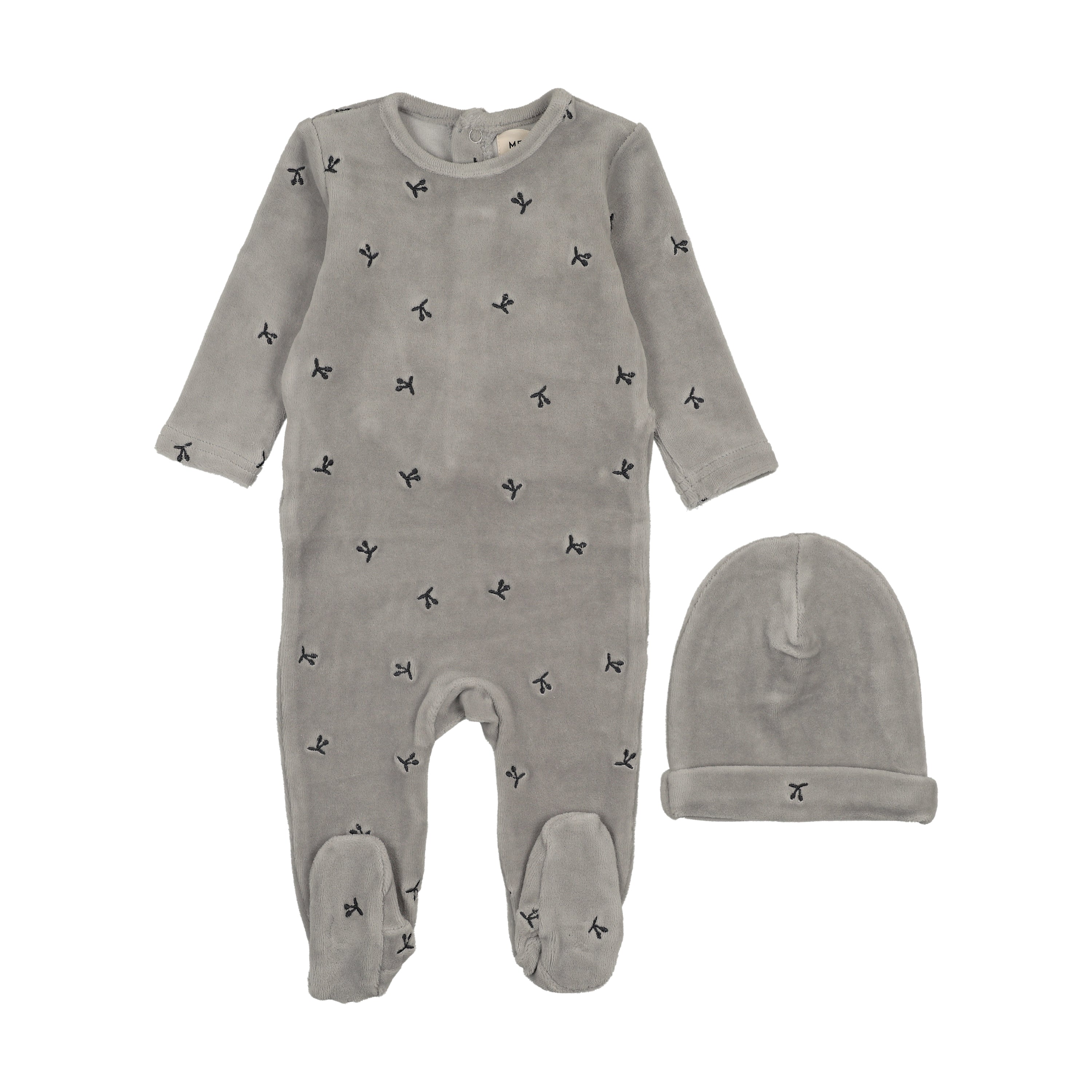 Mema Knits Navy cherries velour footie + beanie