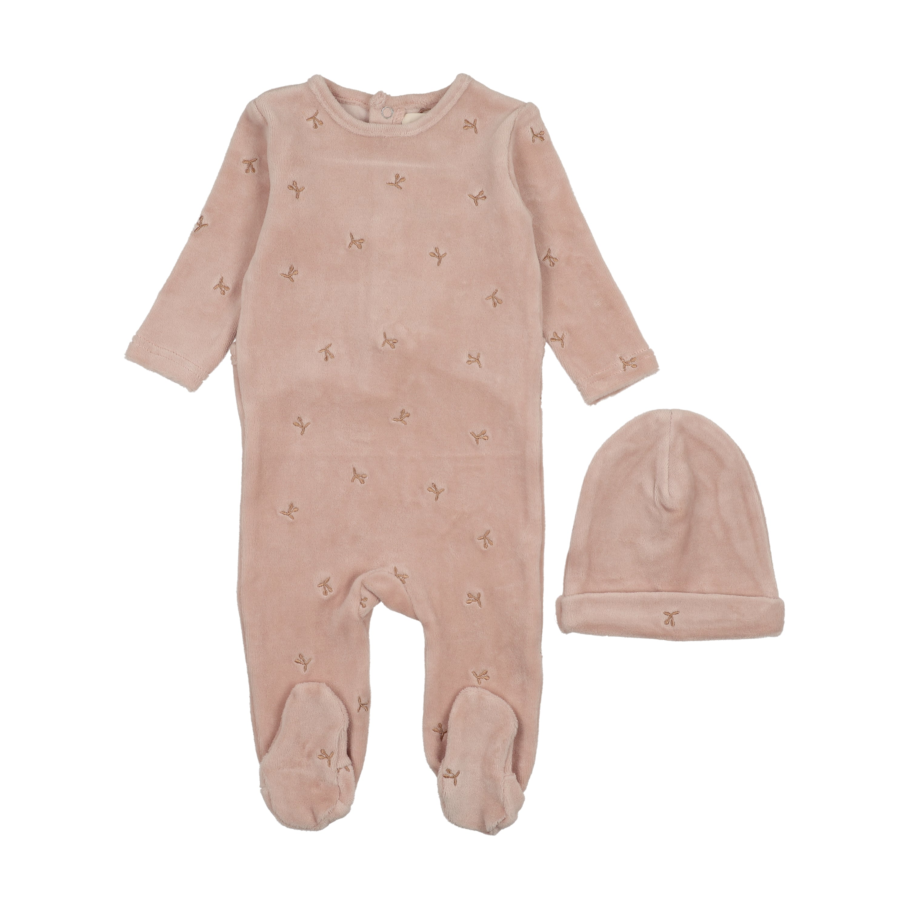 Mema Knits Rose cherries velour footie + beanie