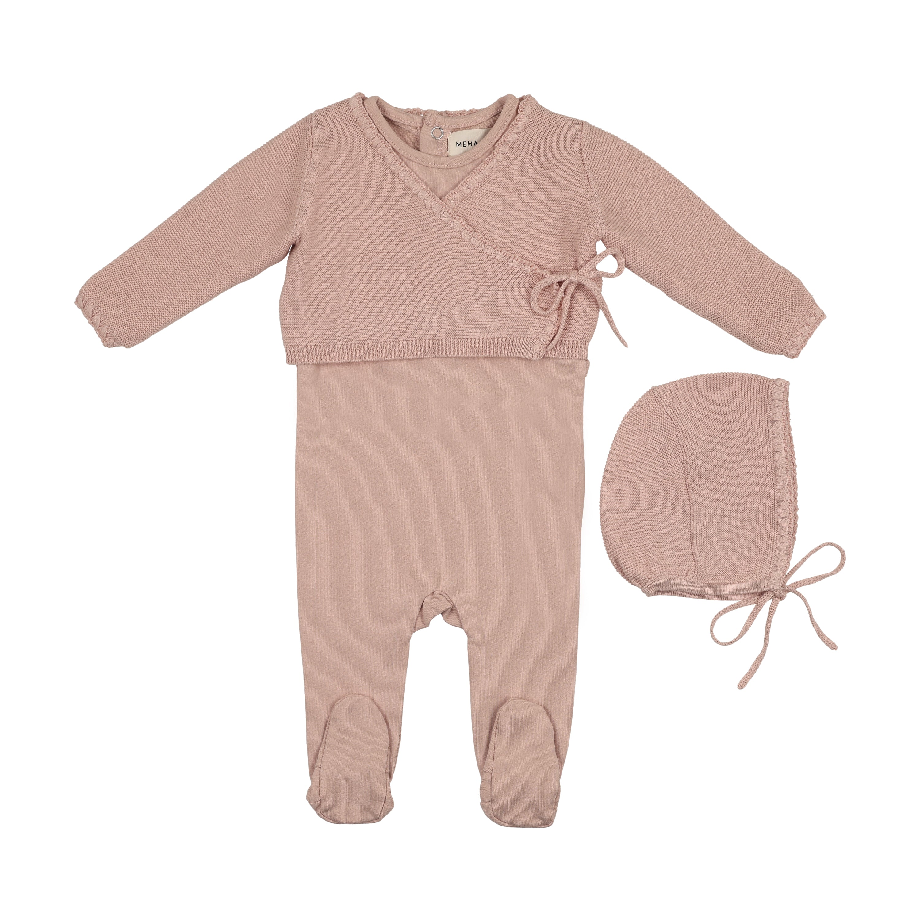Mema Knits Embroidered edge pink sweater footie + bonnet