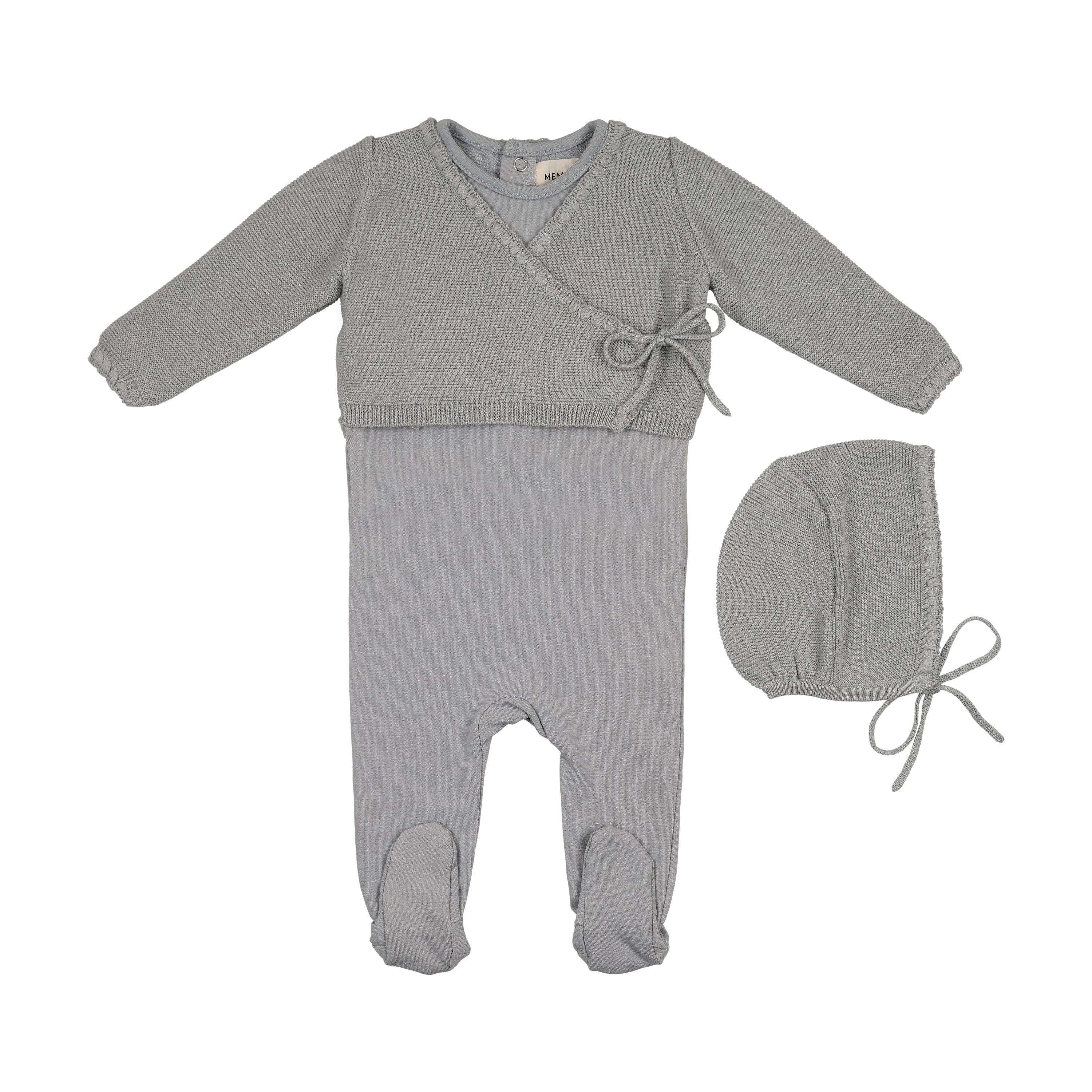 Mema Knits Embroidered edge blue sweater footie + bonnet