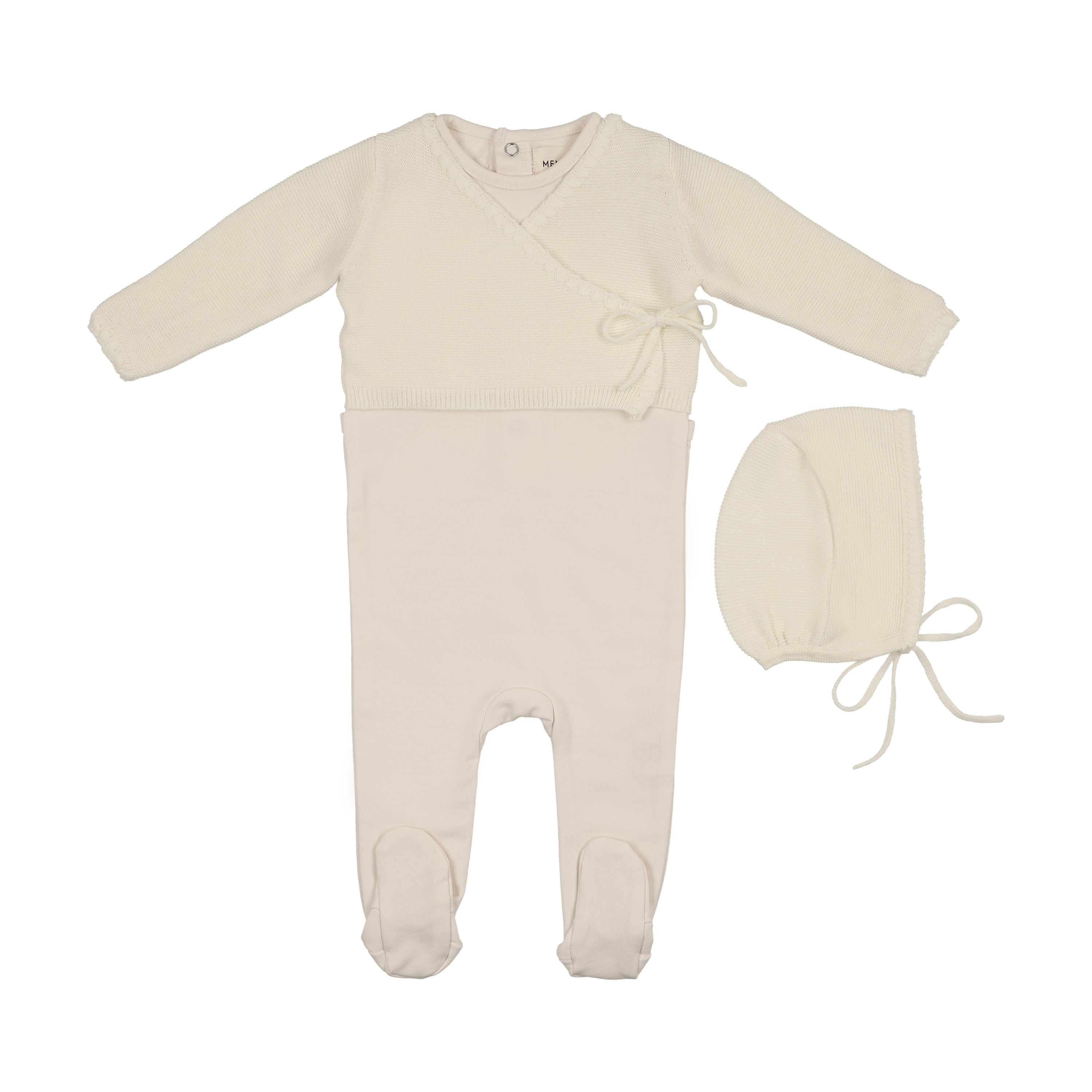 Mema Knits Embroidered edge ivory sweater footie + bonnet