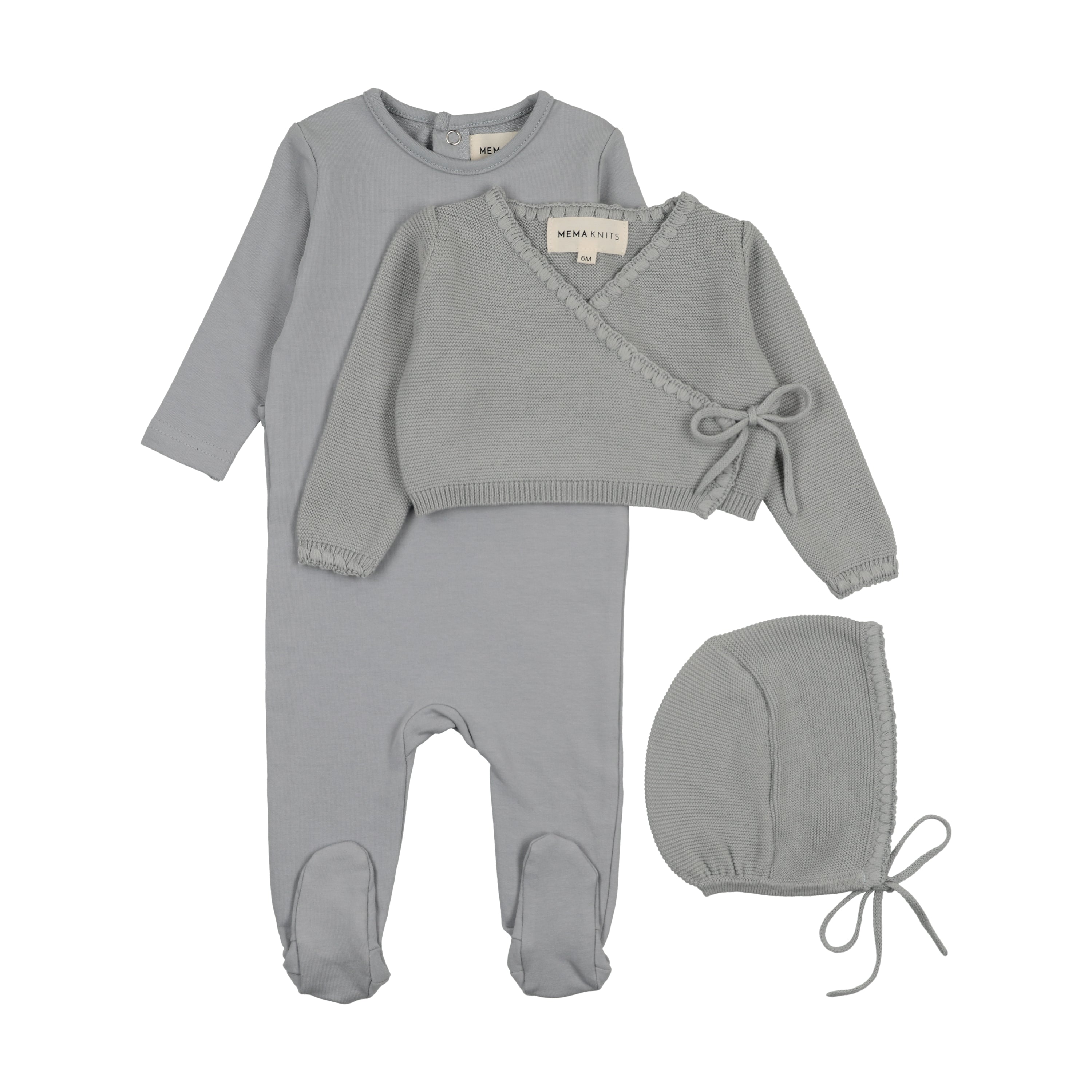Mema Knits Embroidered edge blue sweater footie + bonnet
