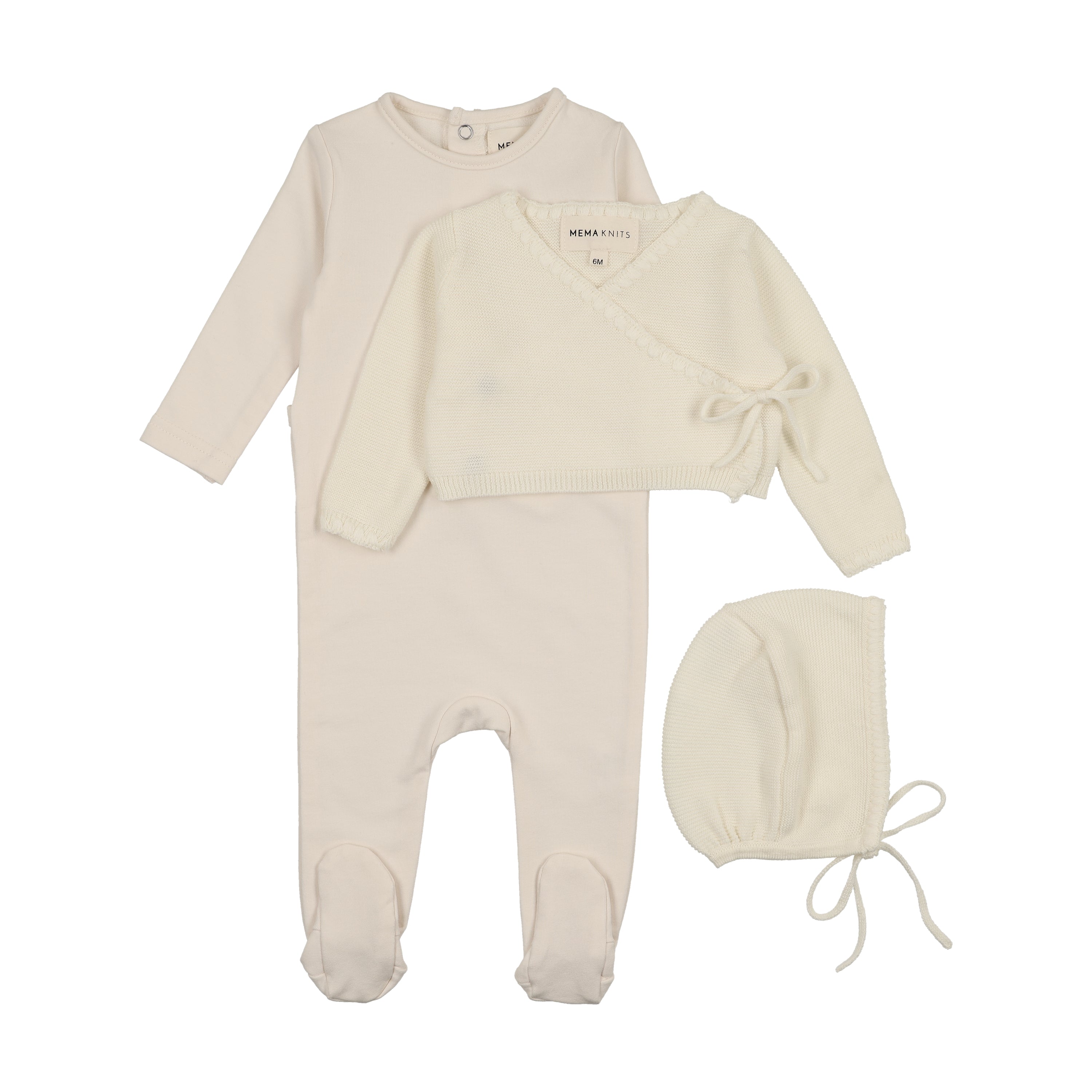 Mema Knits Embroidered edge ivory sweater footie + bonnet