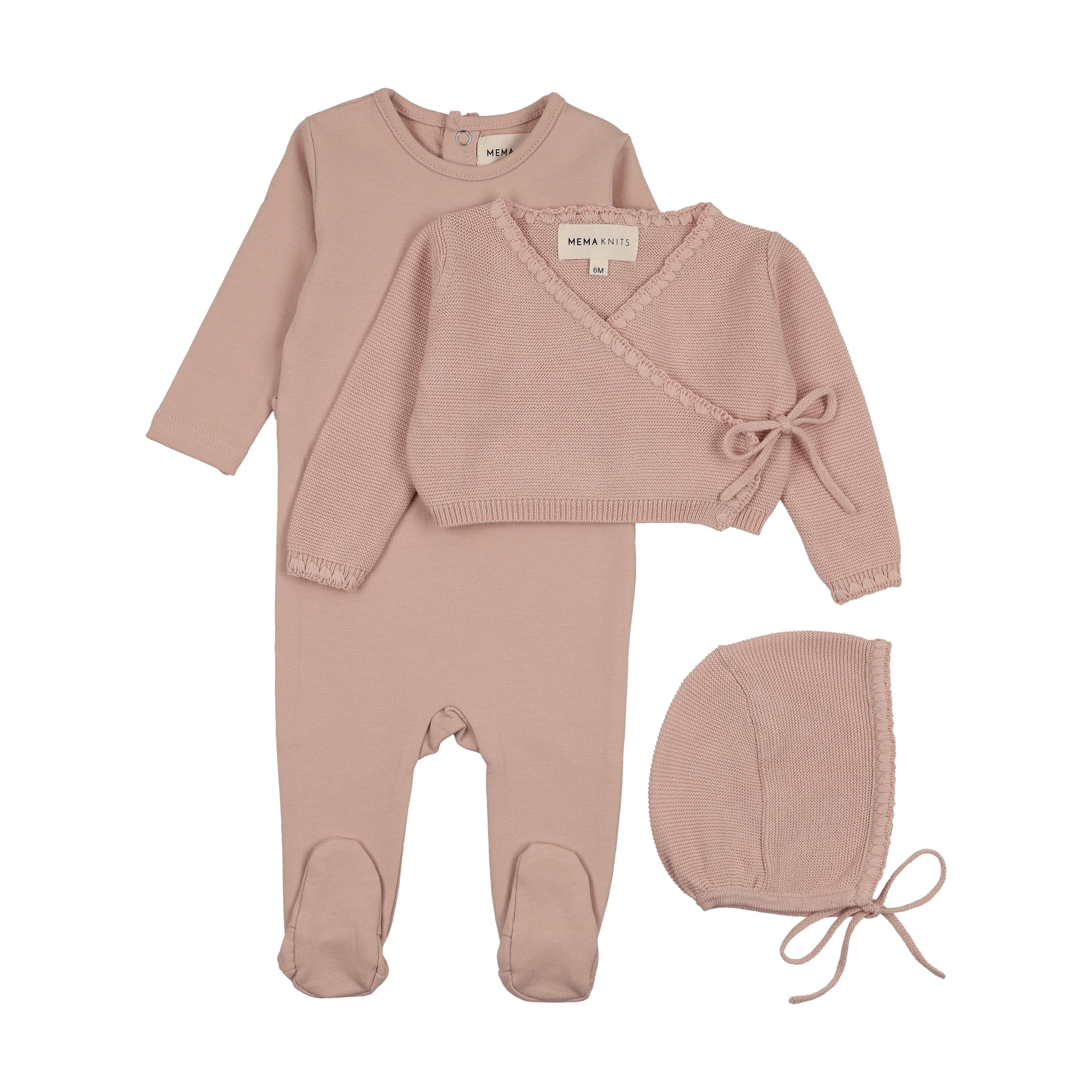 Mema Knits Embroidered edge pink sweater footie + bonnet