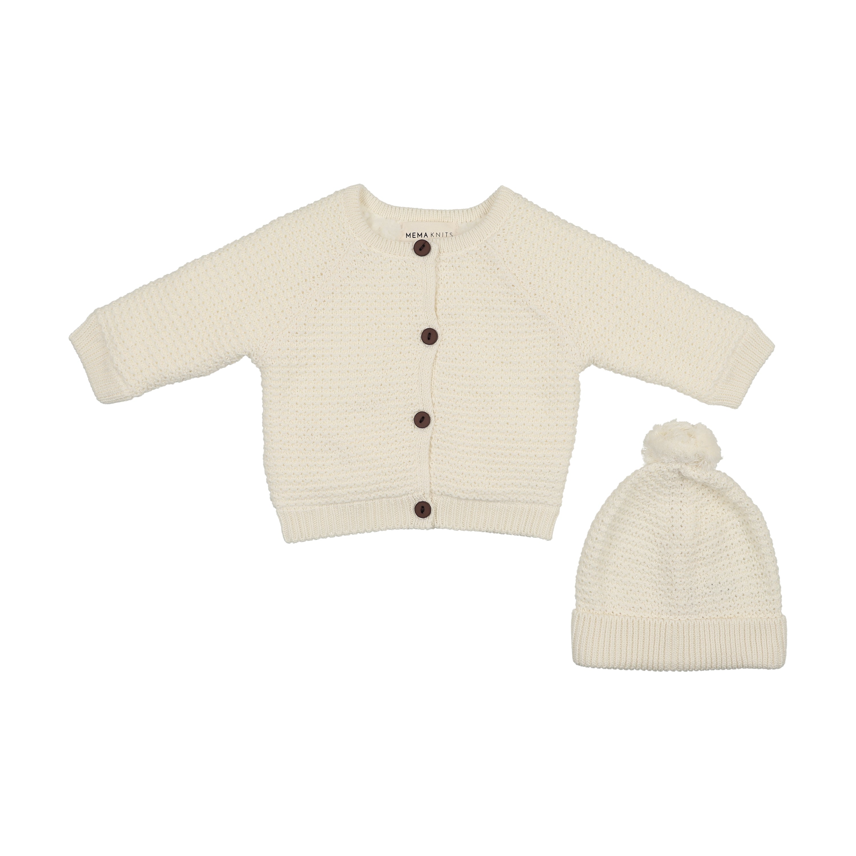 Mema Knits Sherpa lined ivory jacket + beanie