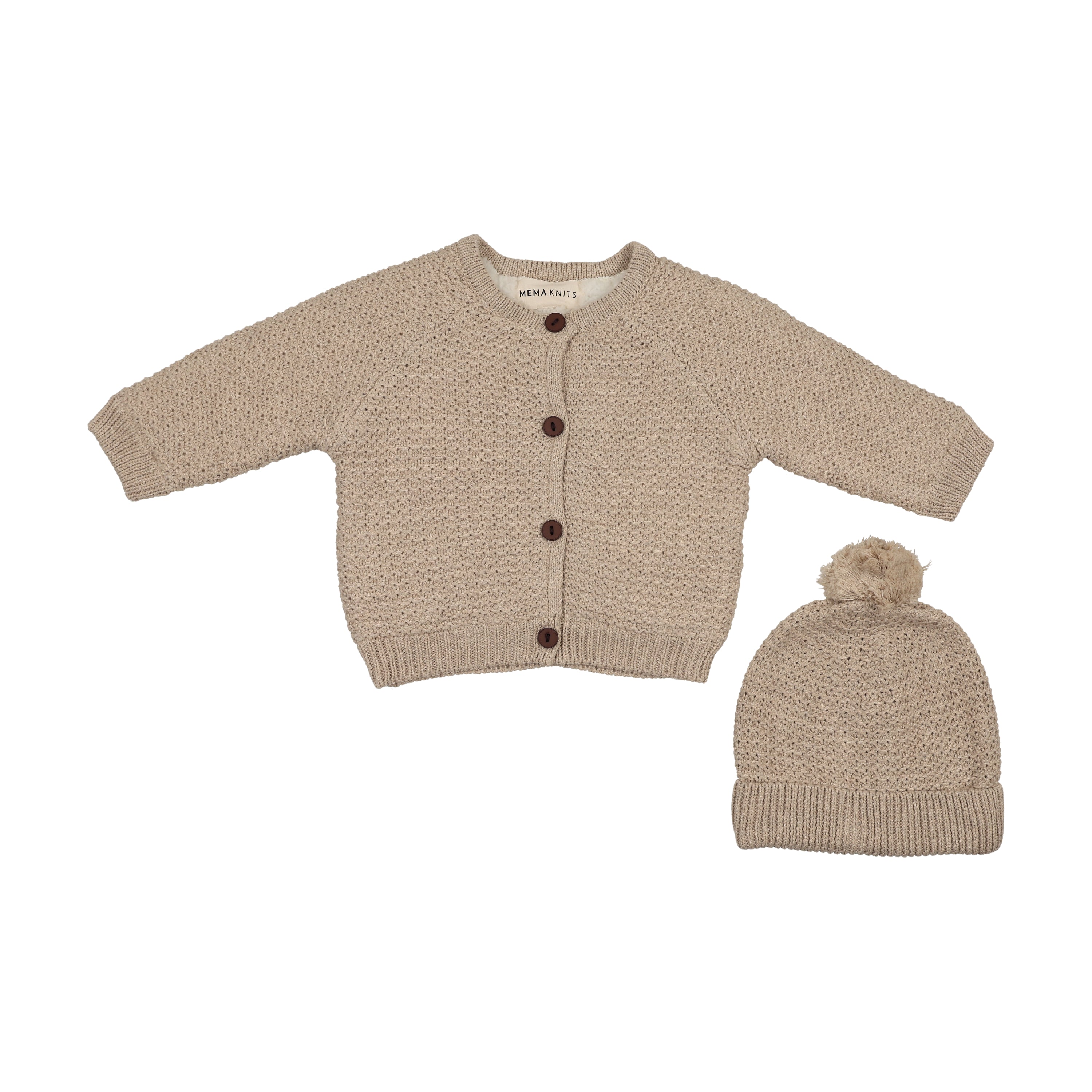 Mema Knits Sherpa lined beige jacket + beanie