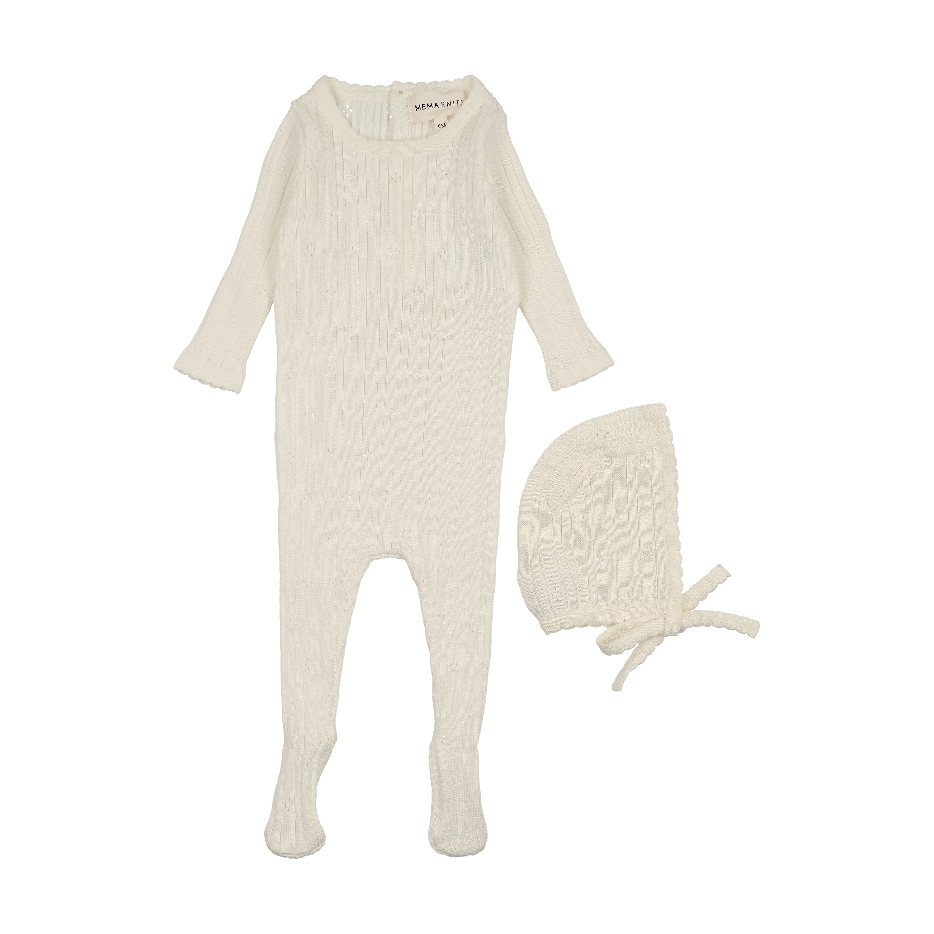 Mema Knits Pointelle ivory knit footie + bonnet