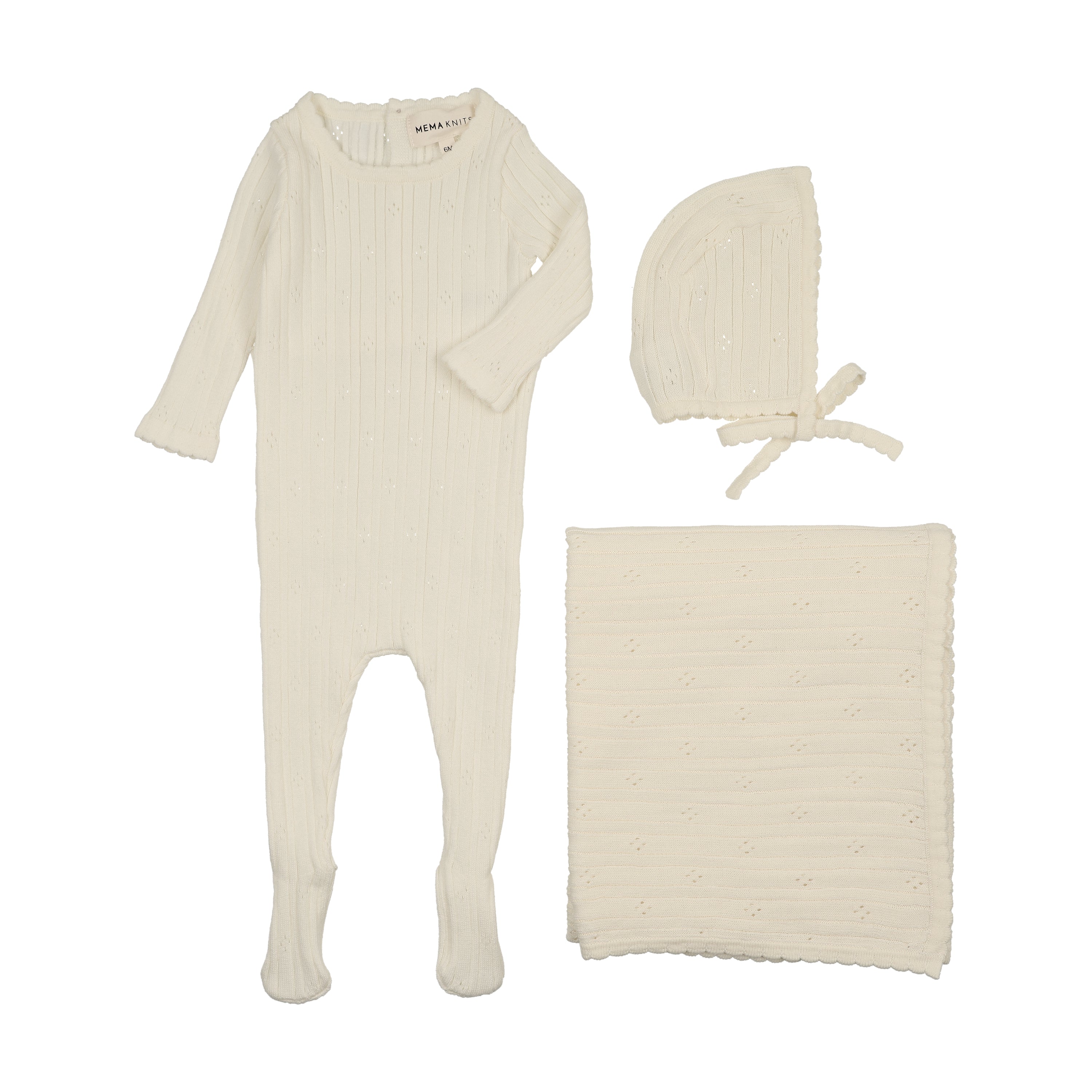 Mema Knits Pointelle ivory knit 3 piece set