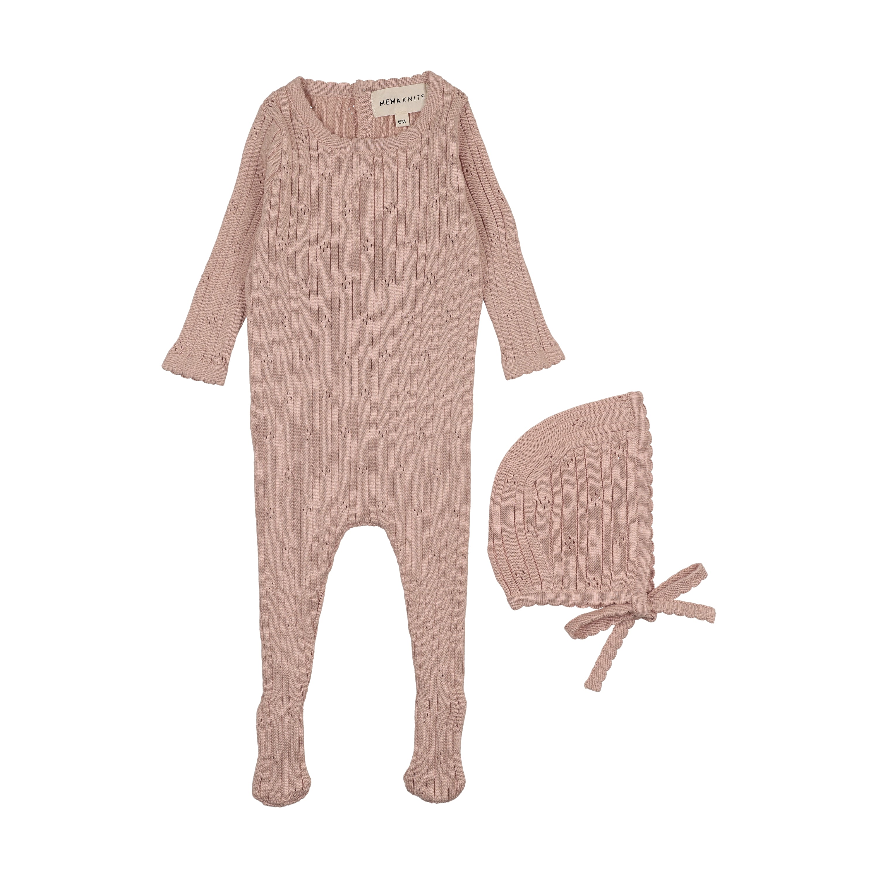 Mema Knits Pointelle pink knit footie + bonnet