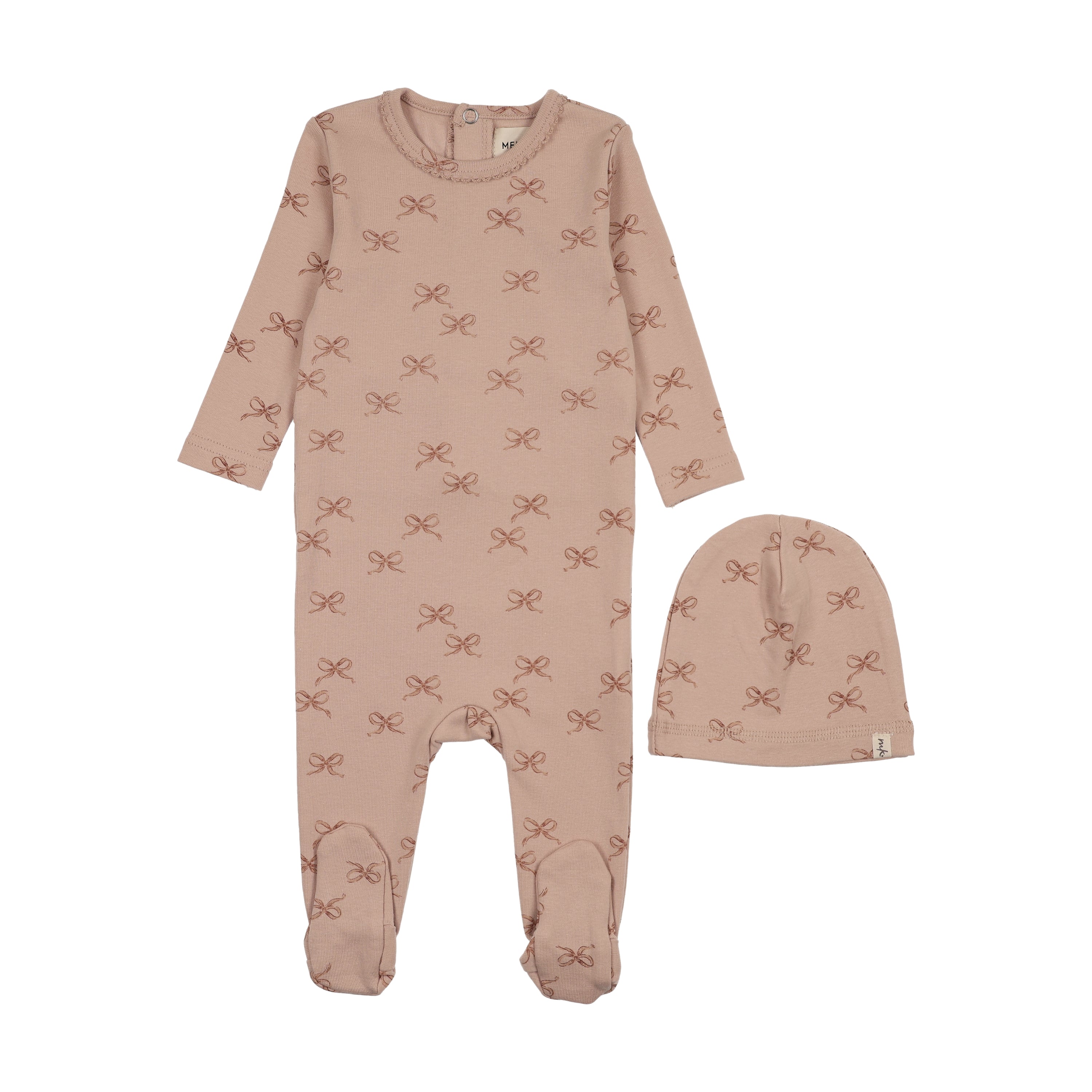 Mema Knits Bow print footie + beanie