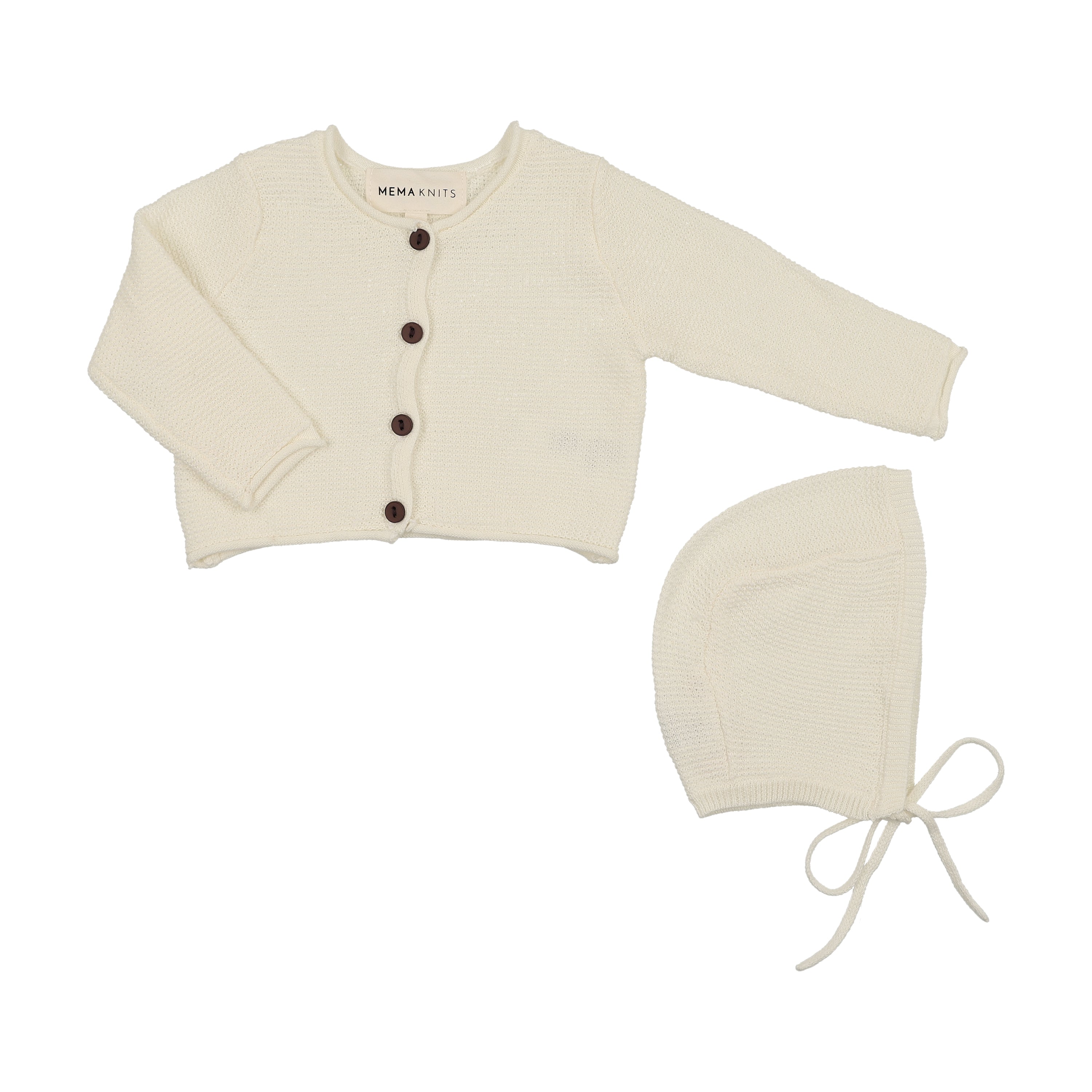Mema Knits Cropped knit ivory cardigan + bonnet