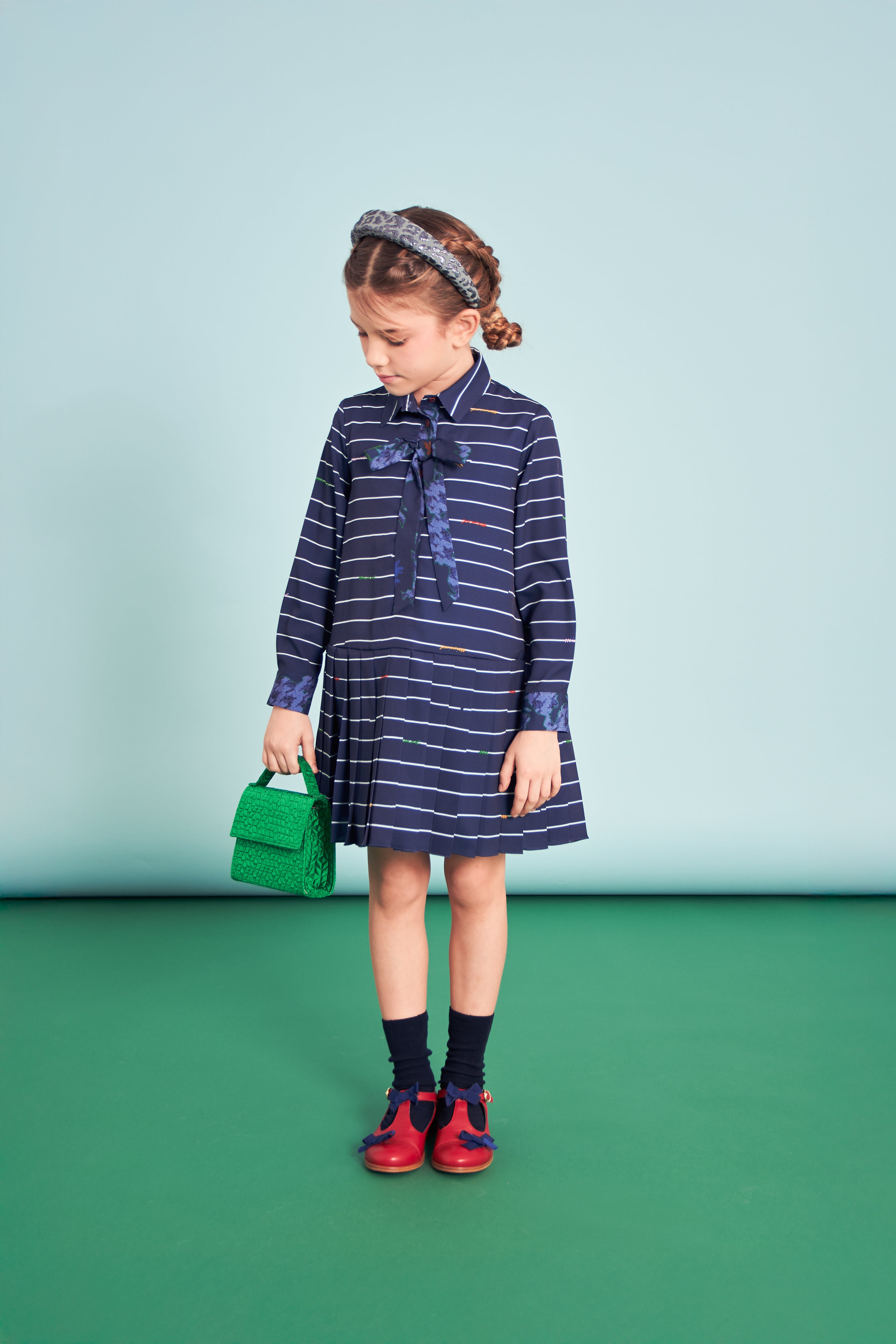 Mimisol Pinstripe pleated blue dress