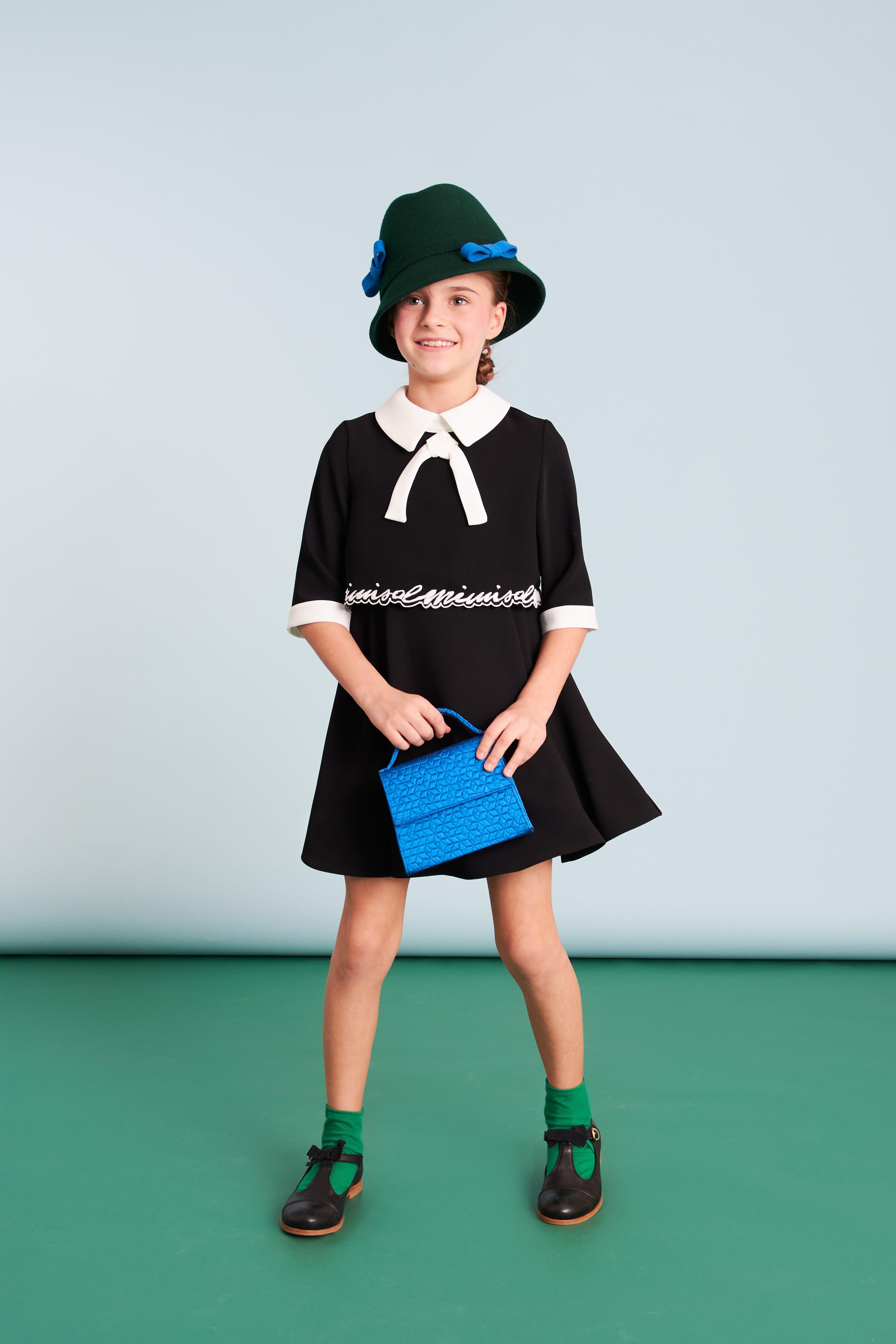 Mimisol Bow collar embroidered black dress
