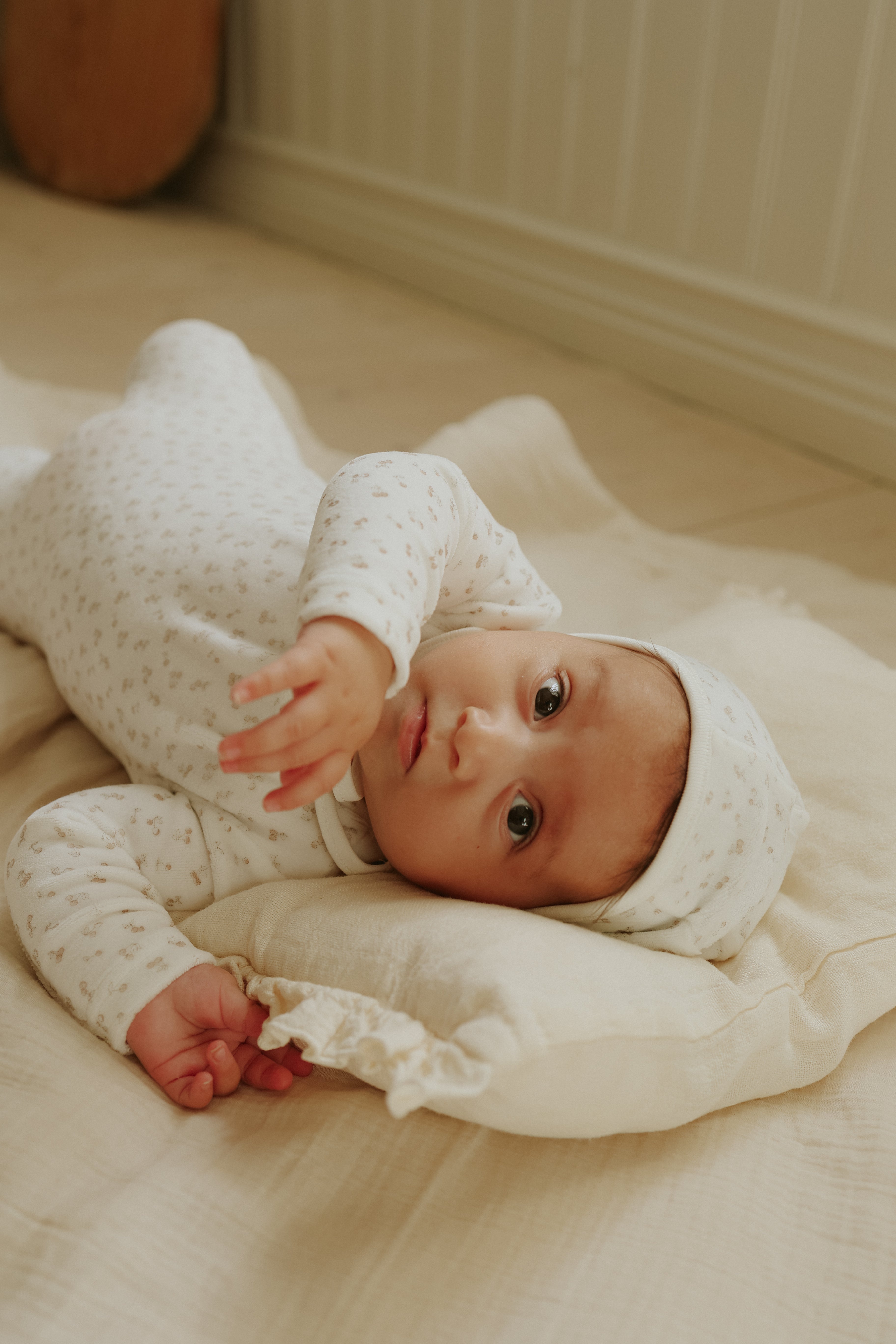Mema Knits Velour pink cherries footie + bonnet