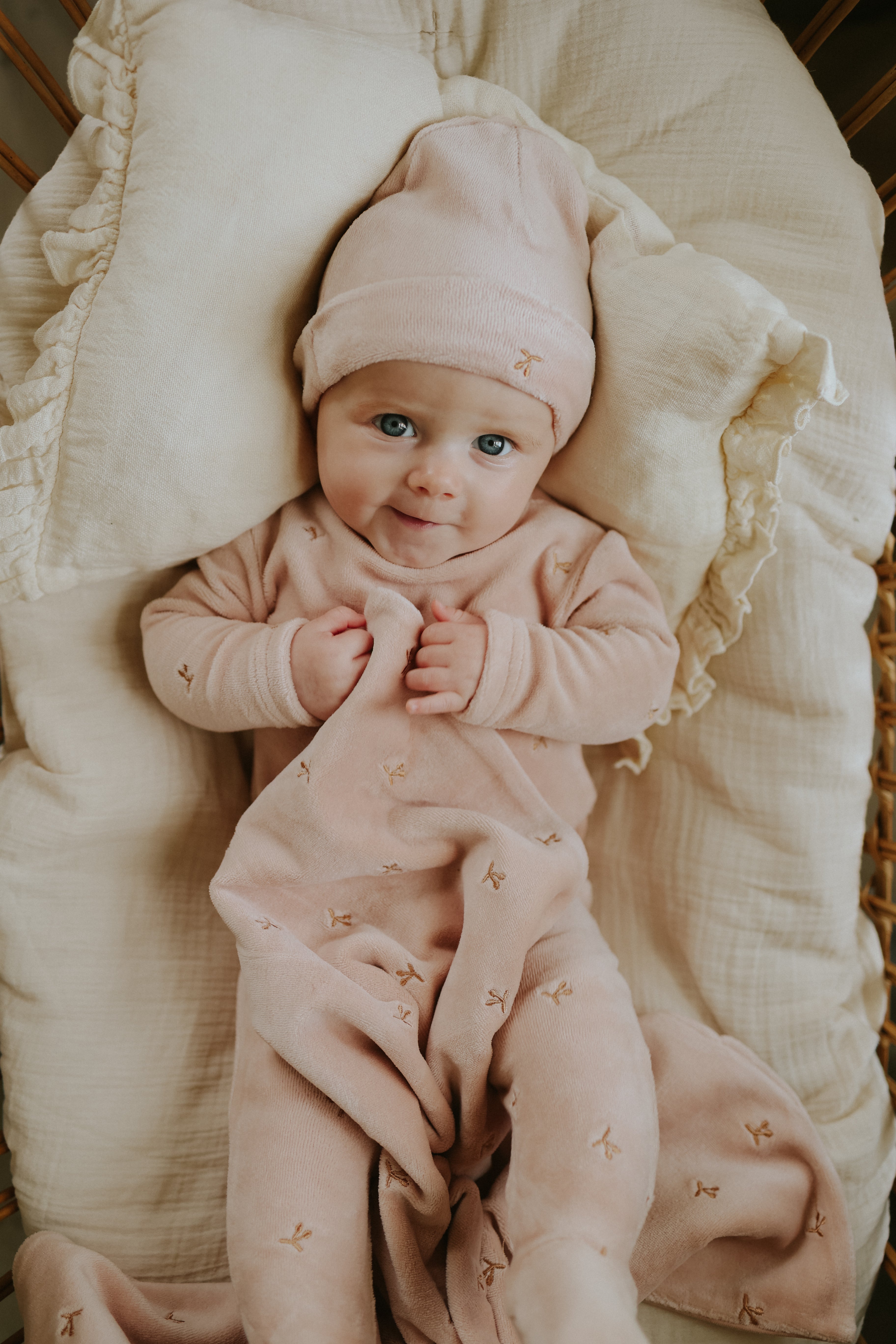 Mema Knits Rose cherries velour footie + beanie