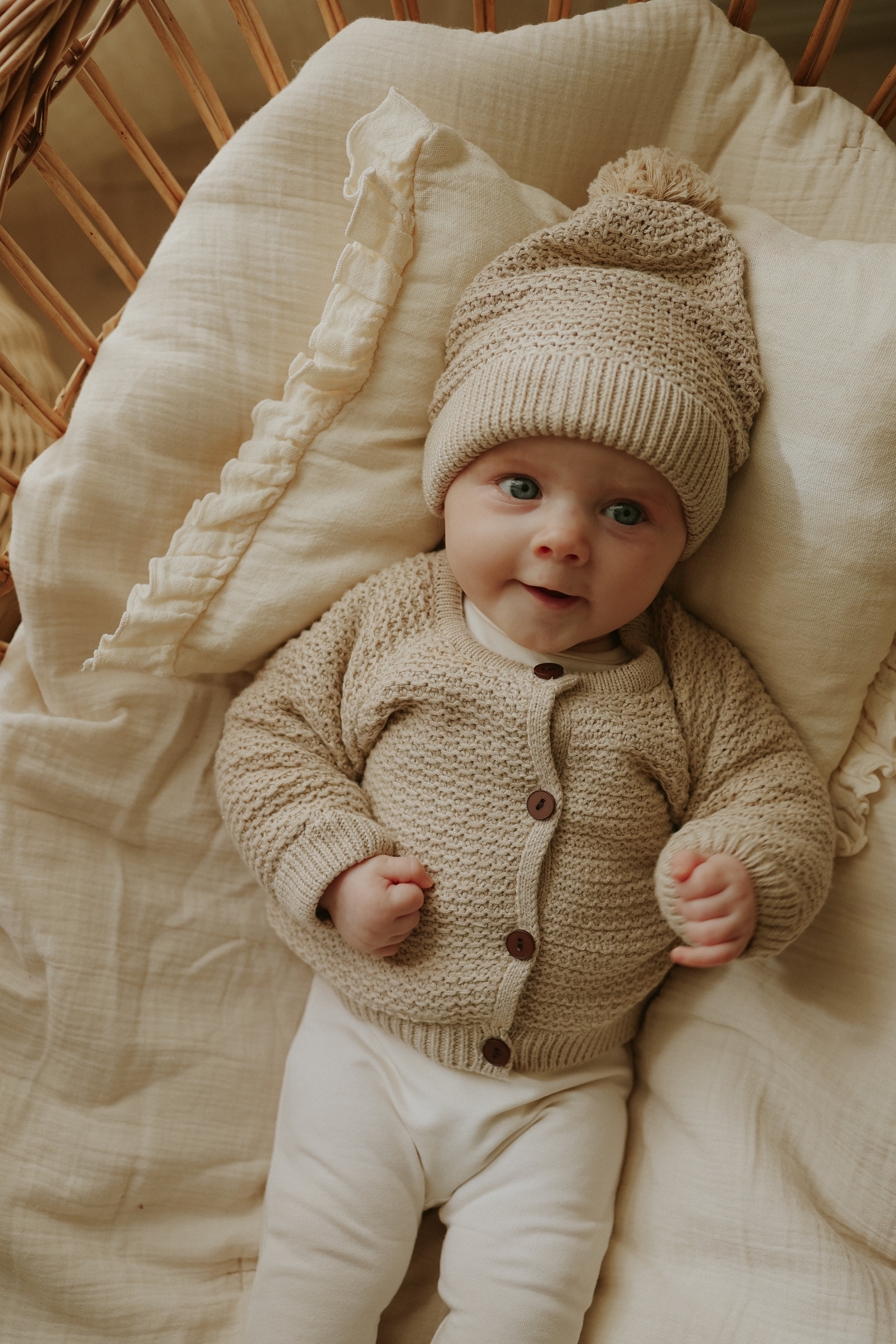 Mema Knits Sherpa lined beige jacket + beanie