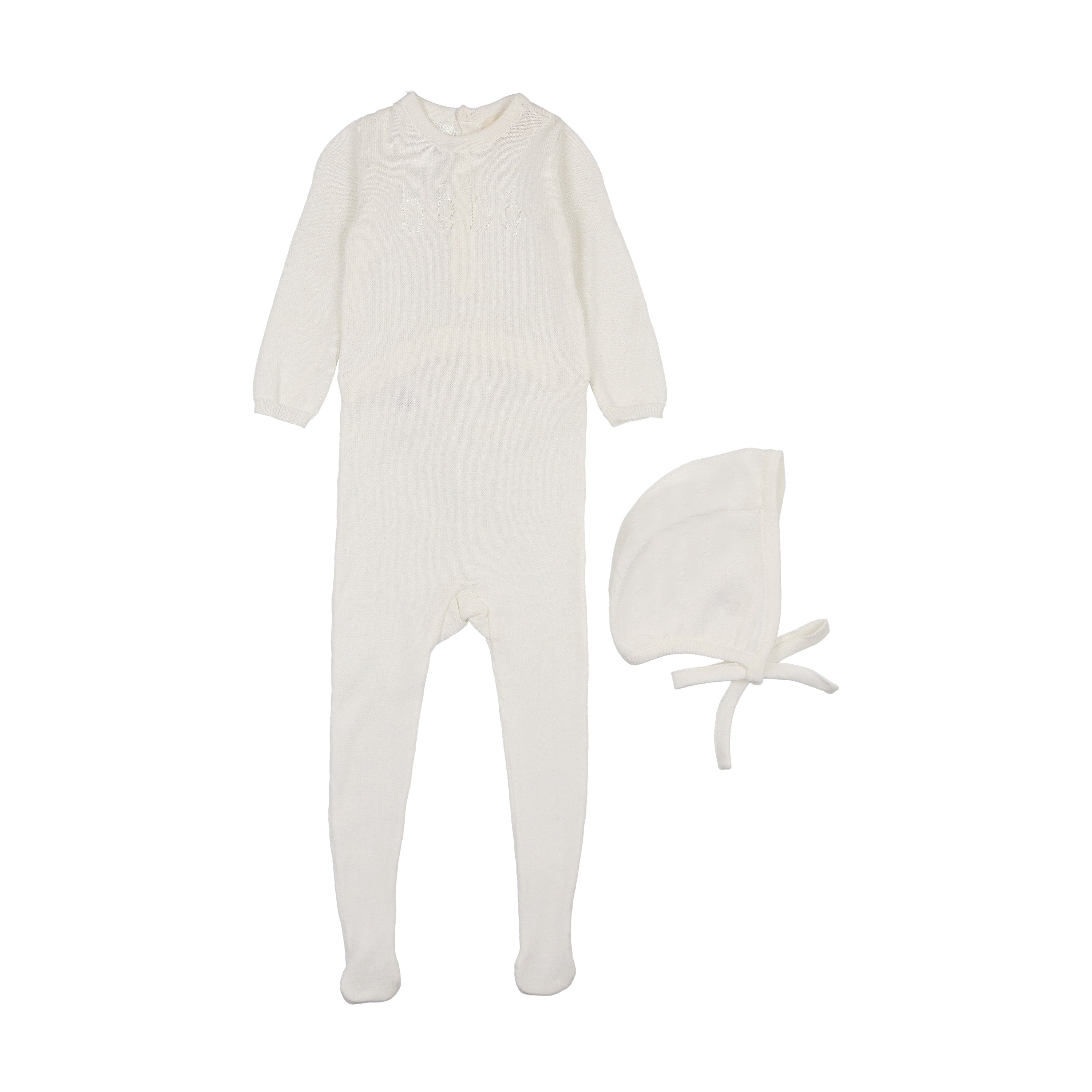 Cream knit bebe footie + bonnet by Mema Knits