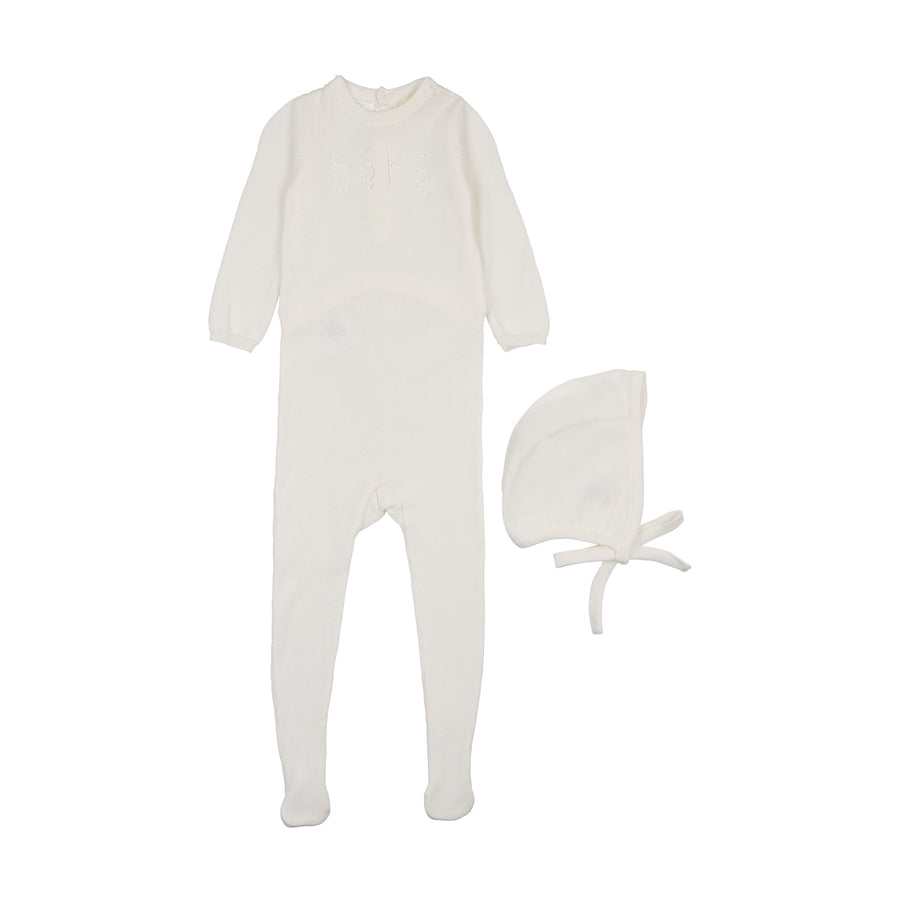 Cream knit bebe footie + bonnet by Mema Knits