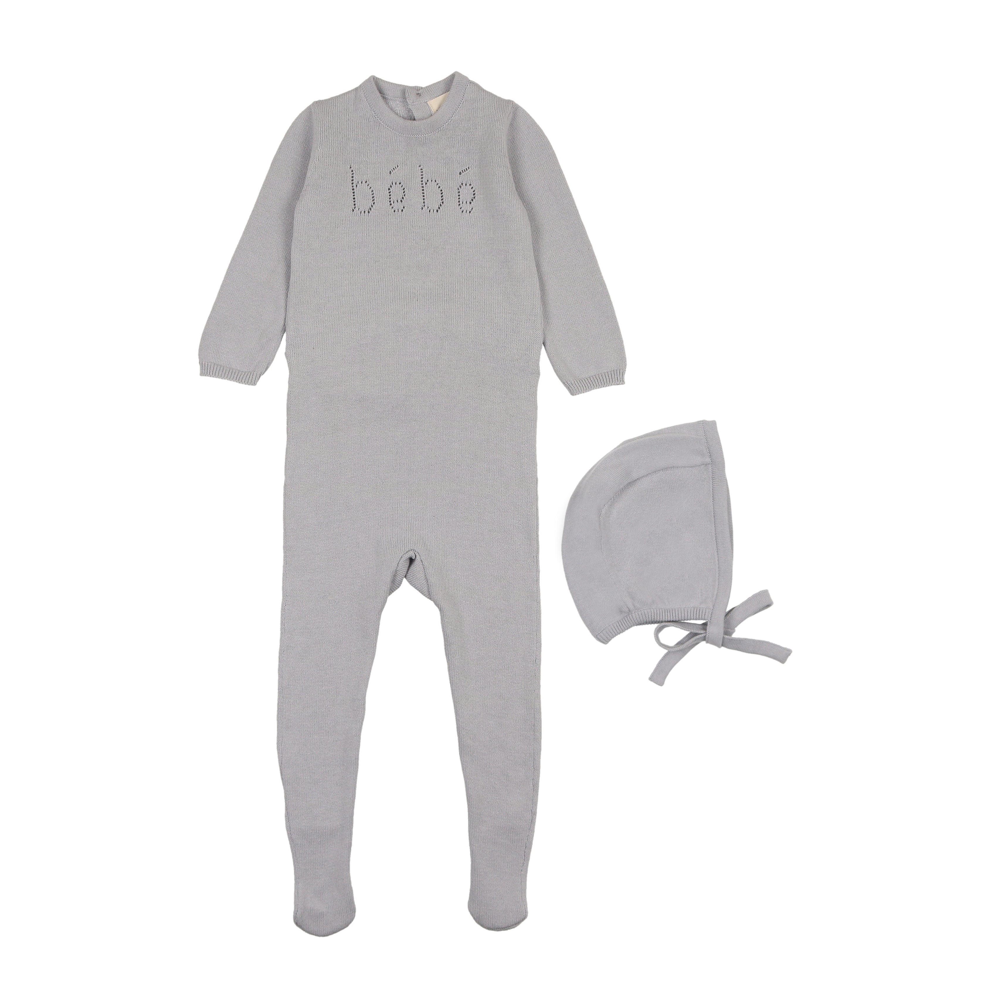 Blue knit bebe footie + bonnet by Mema Knits