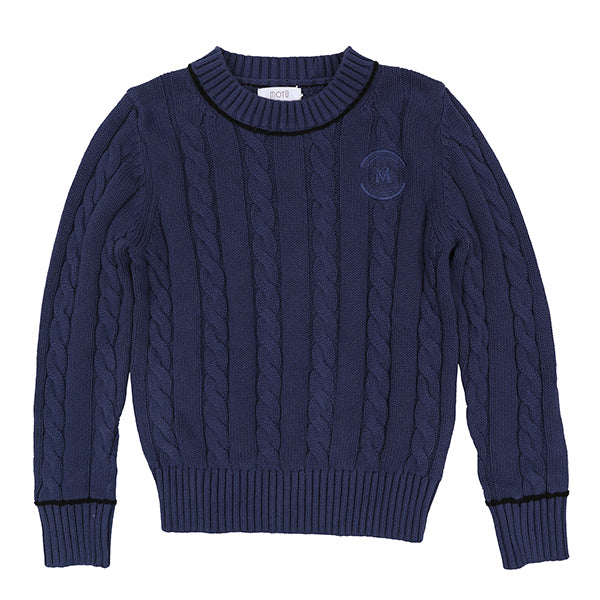 Motu Archer blue piped cable sweater