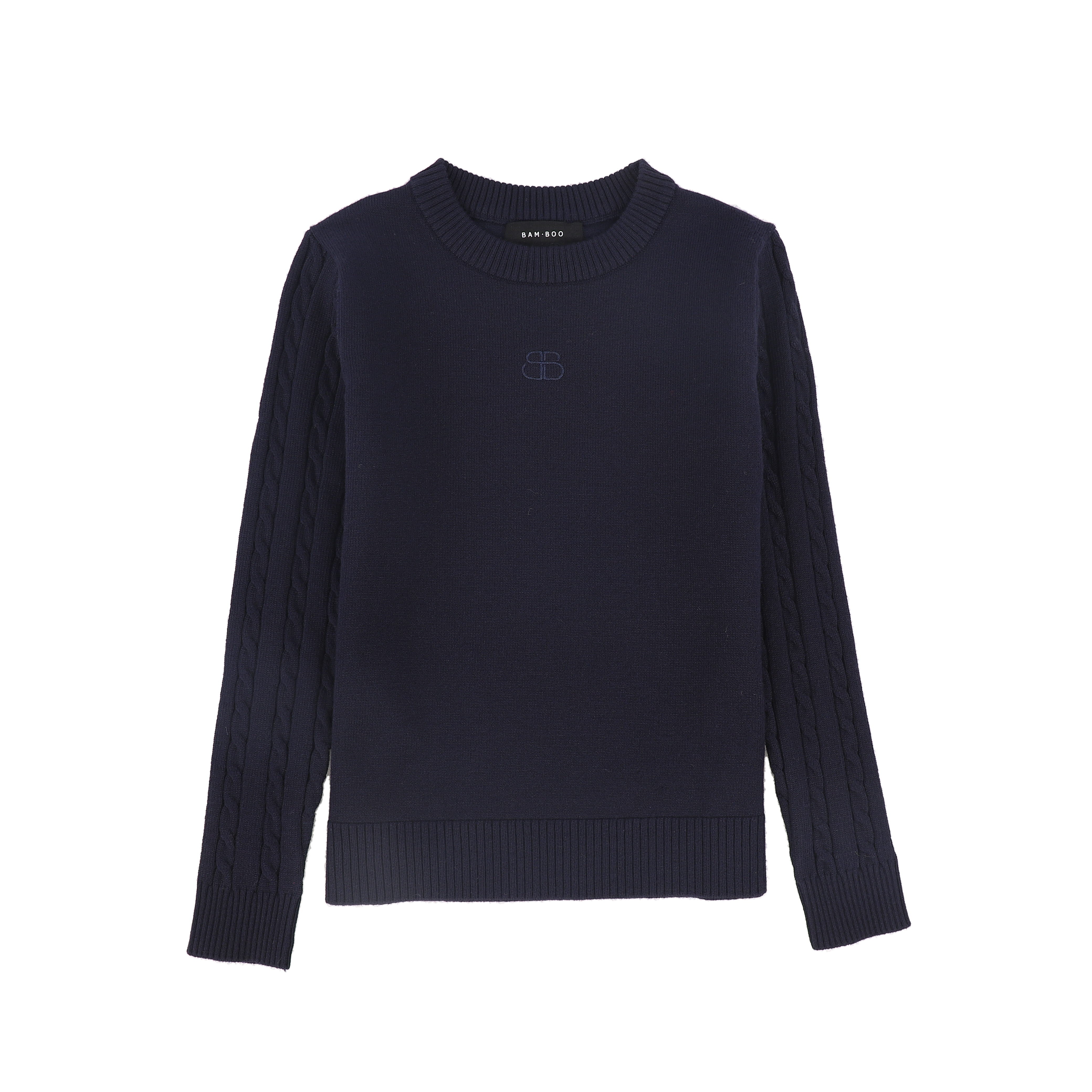 Bamboo Cable knit sleeve navy logo sweater