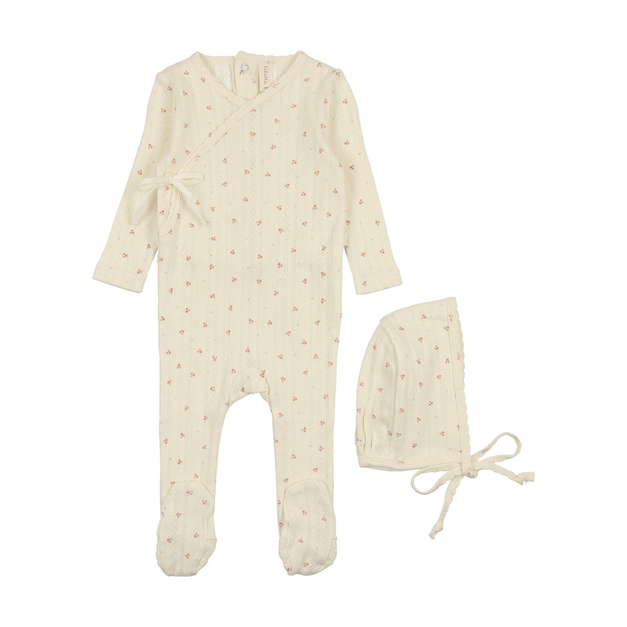 Lilette Printed Pointelle Wrap Footie & Bonnet - Milk/Taupe Lilette Printed Pointelle Wrap Footie & Bonnet - Milk/Taupe