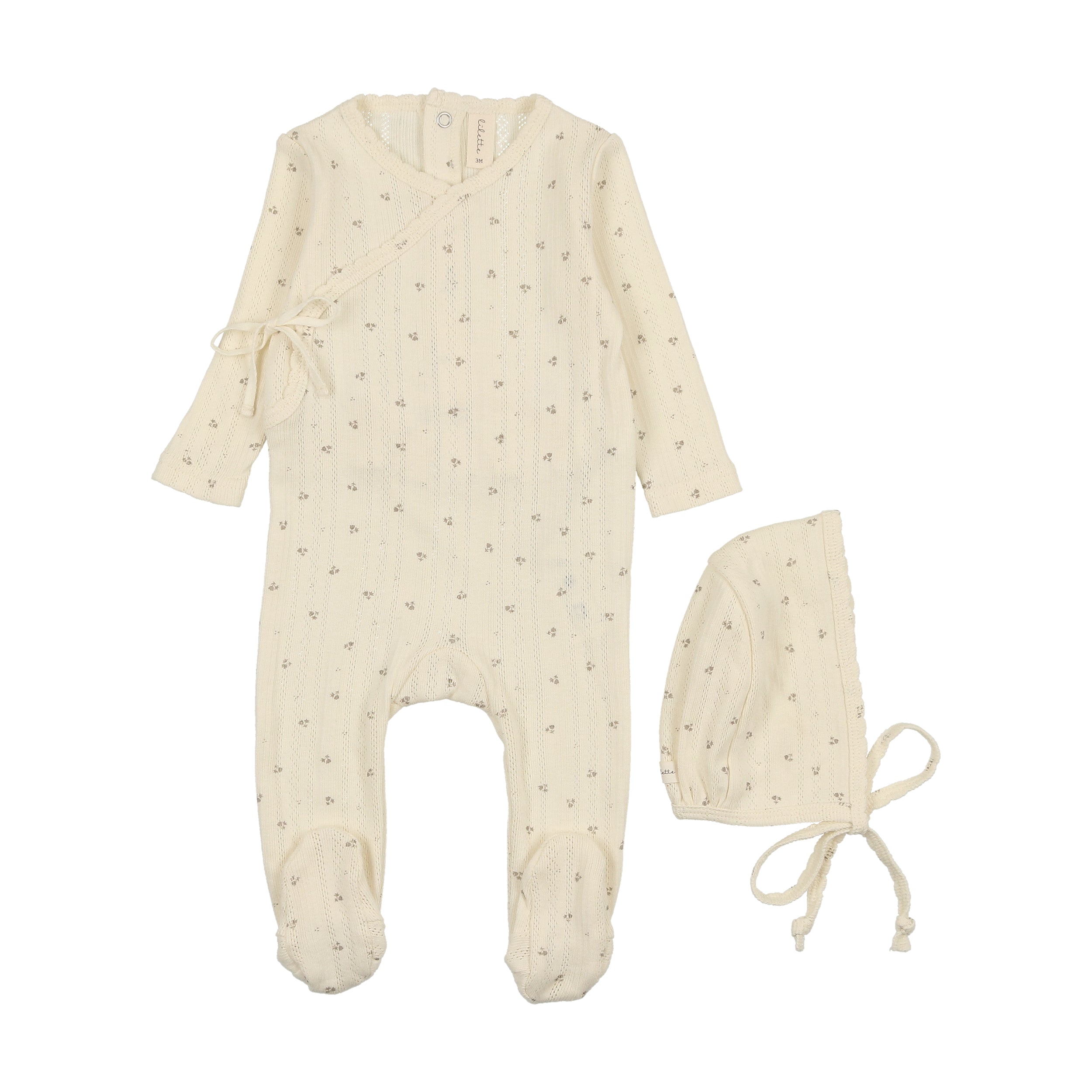 Printed pointelle milk/taupe footie set by Lilette