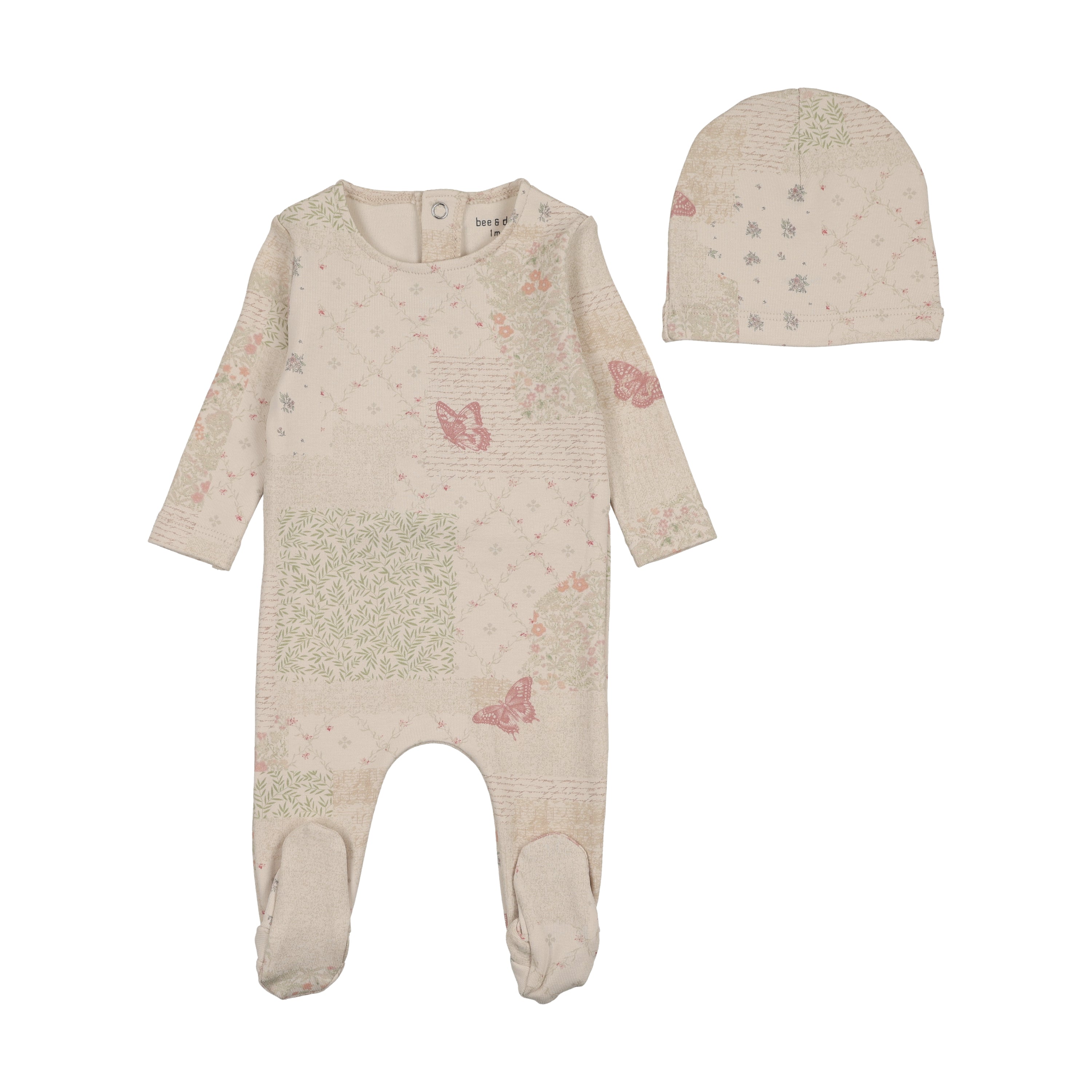 Bee & Dee Paper print girls footie + beanie