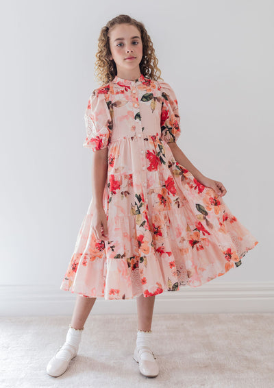 Doily applique peach voile midi dress by Petite Amalie