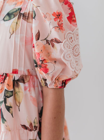 Doily applique peach voile midi dress by Petite Amalie